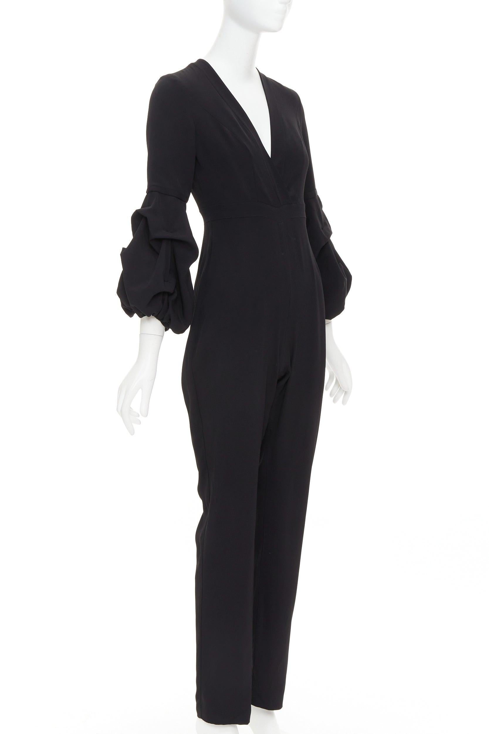 Black ALEXIS Maximila ruched sleeves skinny leg crepe black tapered jumpsuit XS For Sale