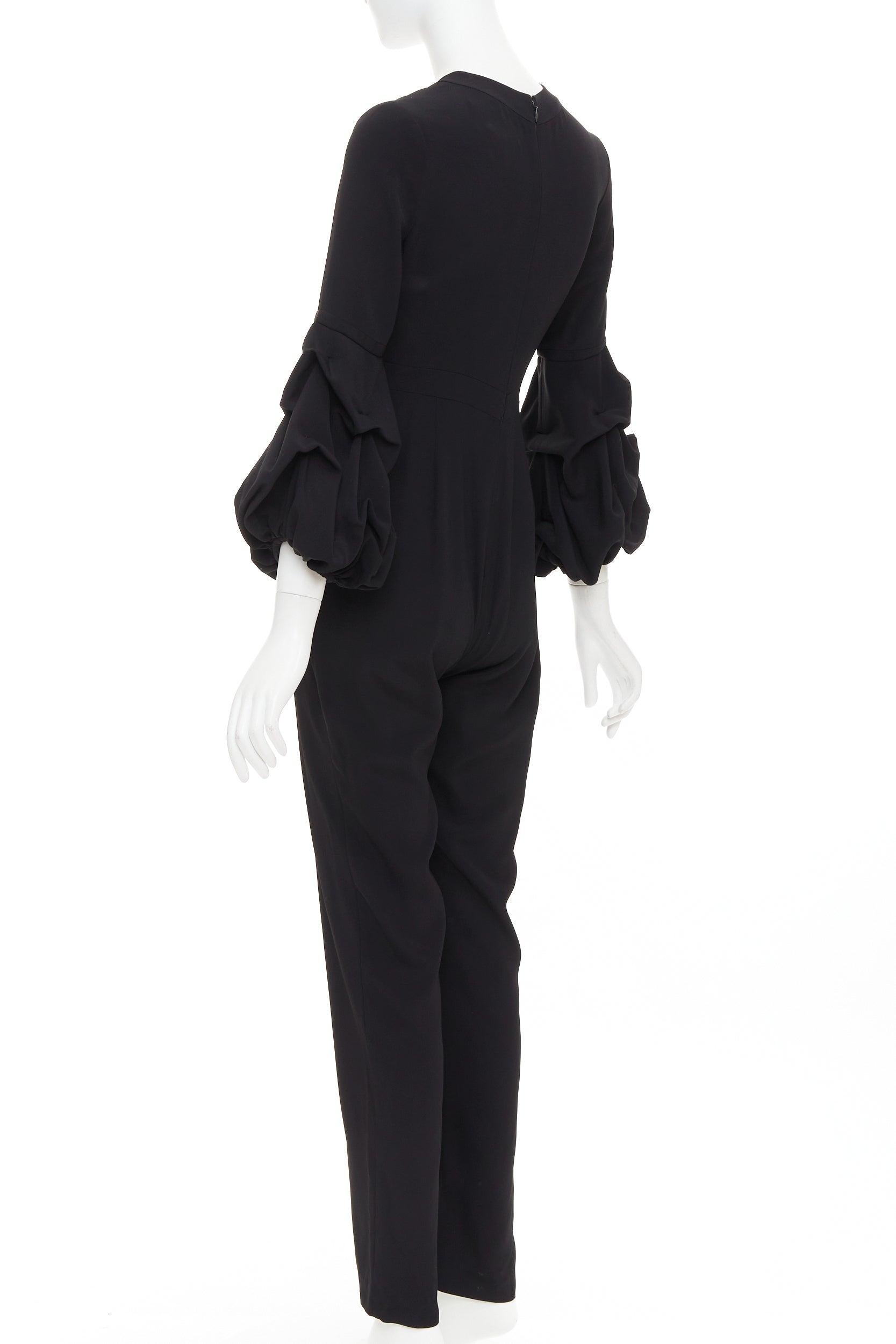 ALEXIS Maximila ruched sleeves skinny leg crepe black tapered jumpsuit XS For Sale 1