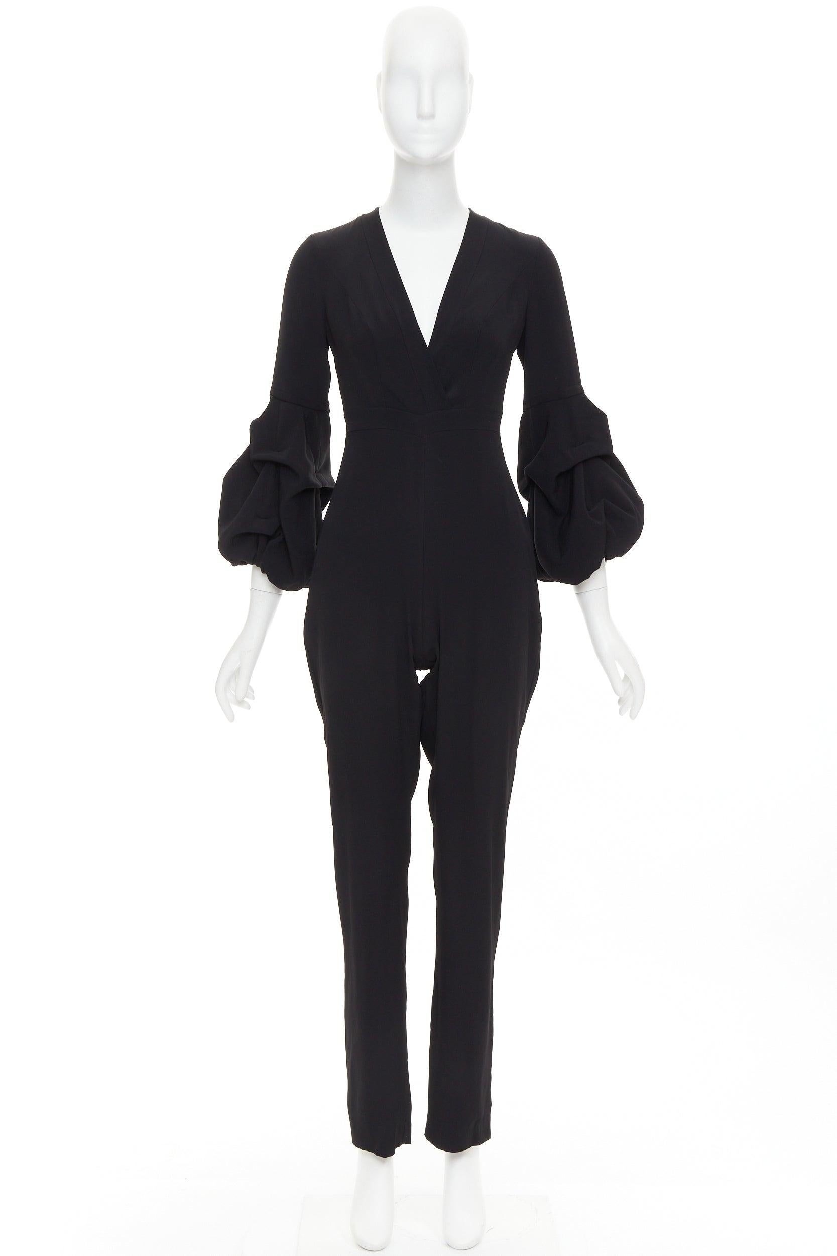 ALEXIS Maximila ruched sleeves skinny leg crepe black tapered jumpsuit XS For Sale 4