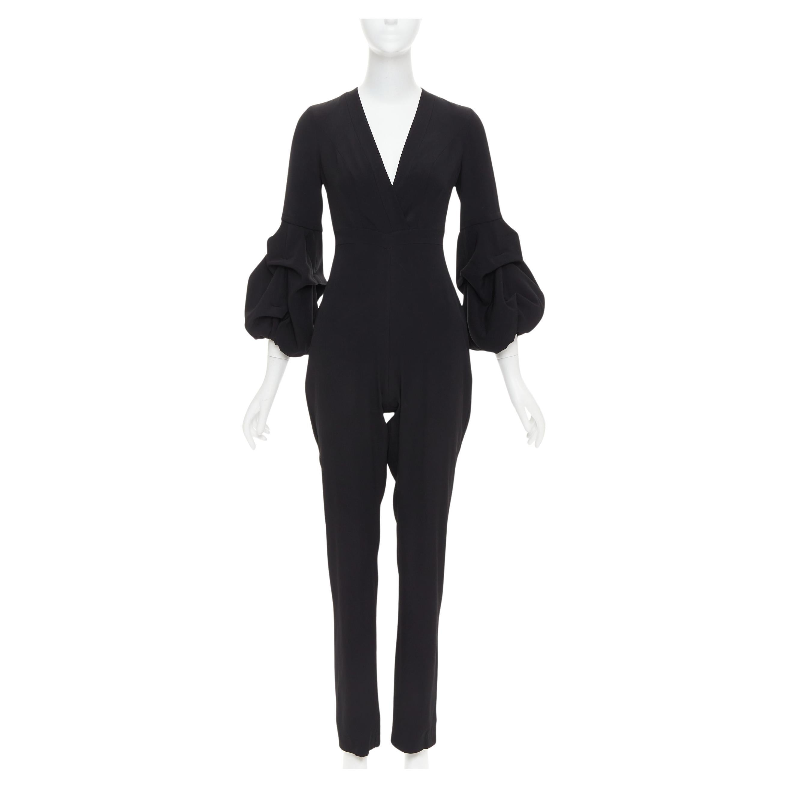 ALEXIS Maximila ruched sleeves skinny leg crepe black tapered jumpsuit XS For Sale