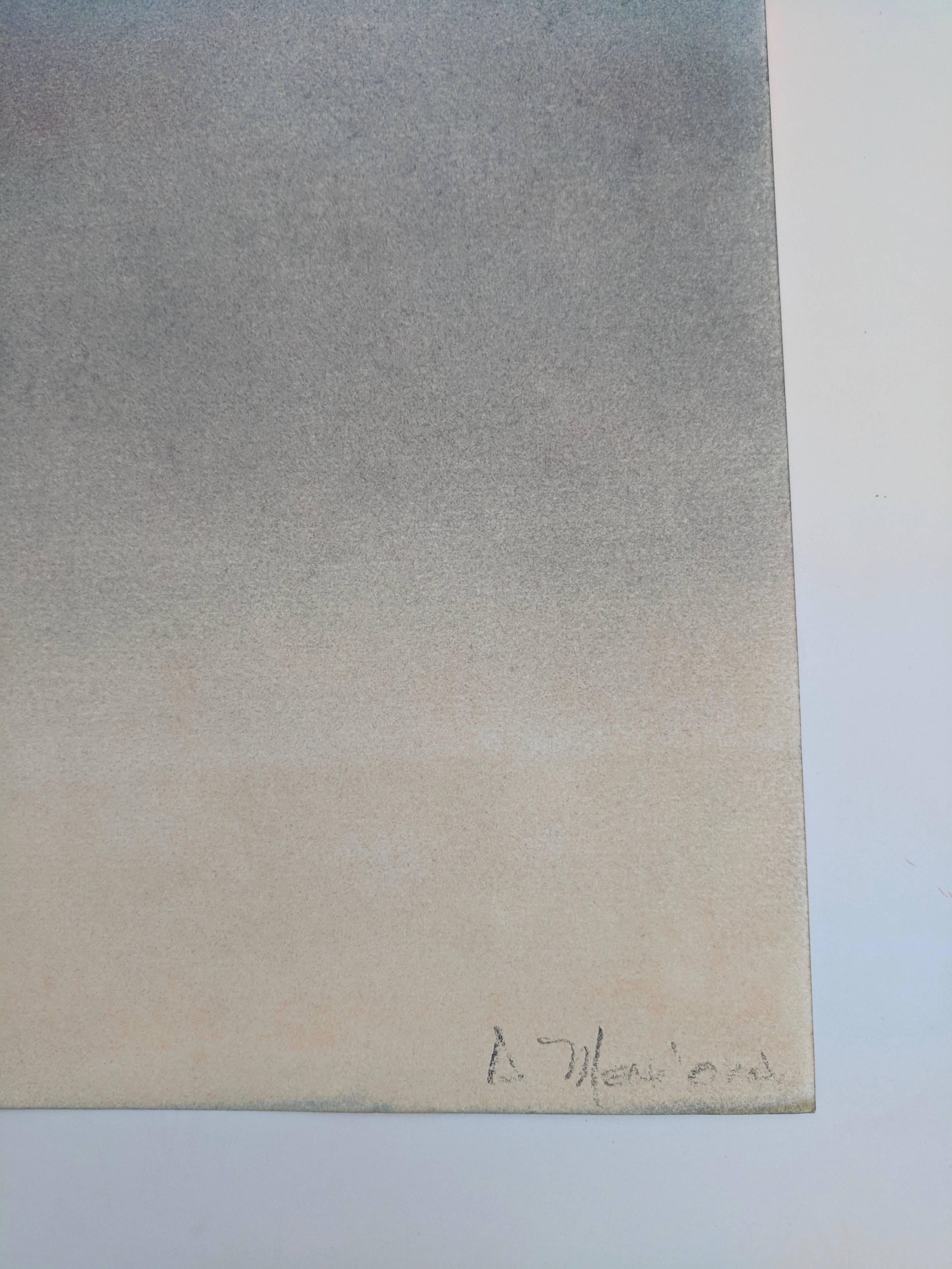 Utilizzando una tecnica mista su carta, l'artista Mendoza realizza una pittura raffinata che si basa su toni pastello con blu e gialli tenui. Questi toni tenui sono presentati in blocchi che si fondono dolcemente dal blu in alto al giallo in basso.