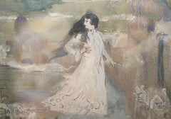 Art Nouveau Painting "Young Woman by the Edge of the Pond" by Alexis Jeanneau