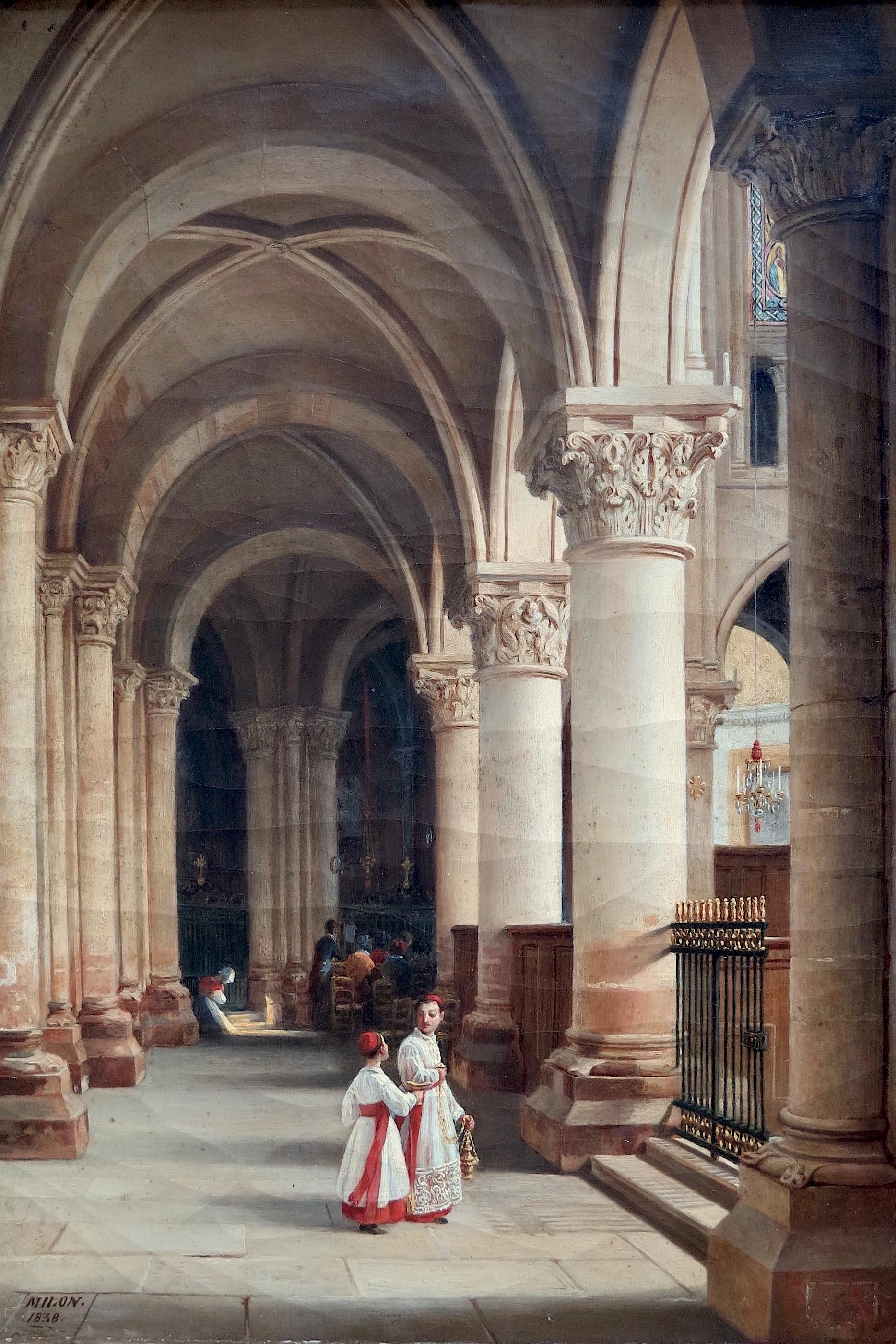 View of one of the aisles of the apse of Saint-Germain-des-Prés, Paris, France - Painting by Alexis Milon