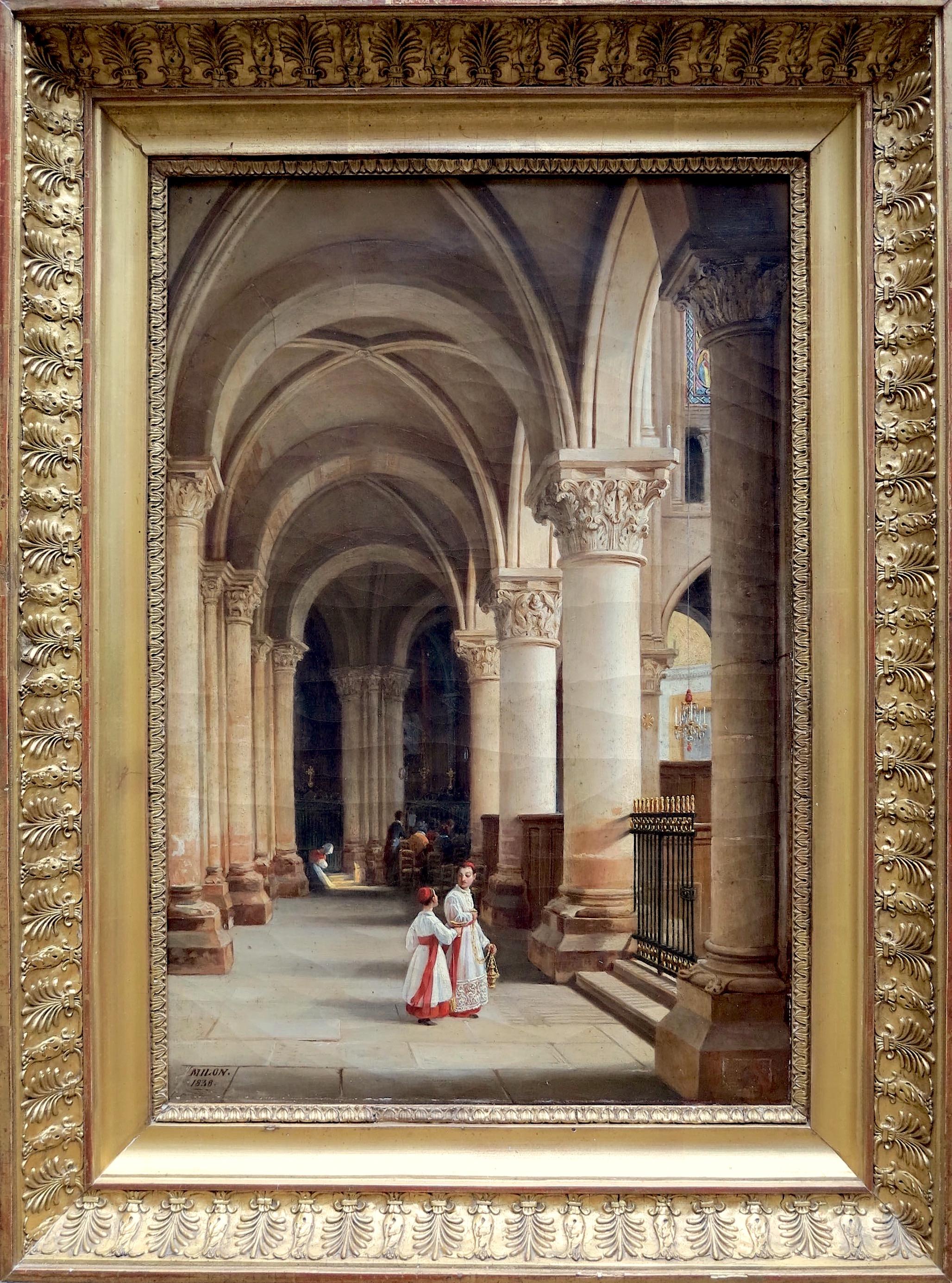 Figurative Painting Alexis Milon - Vue d'une des nefs de l'abside de Saint-Germain-des-Prés, Paris, France