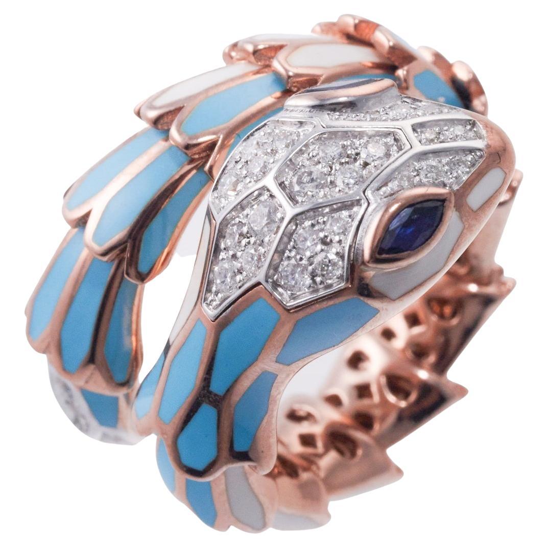 Alexis N. Y. Rose Gold Silver Enamel Gold Sapphire Snake Wrap Ring For Sale