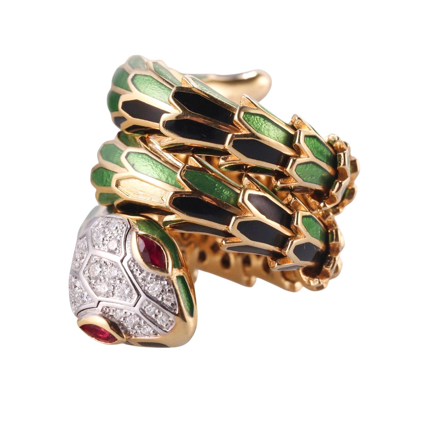 Taglio rotondo Alexis New York Argento Oro Smalto Diamante Rubino Anello a fascia con serpente in vendita