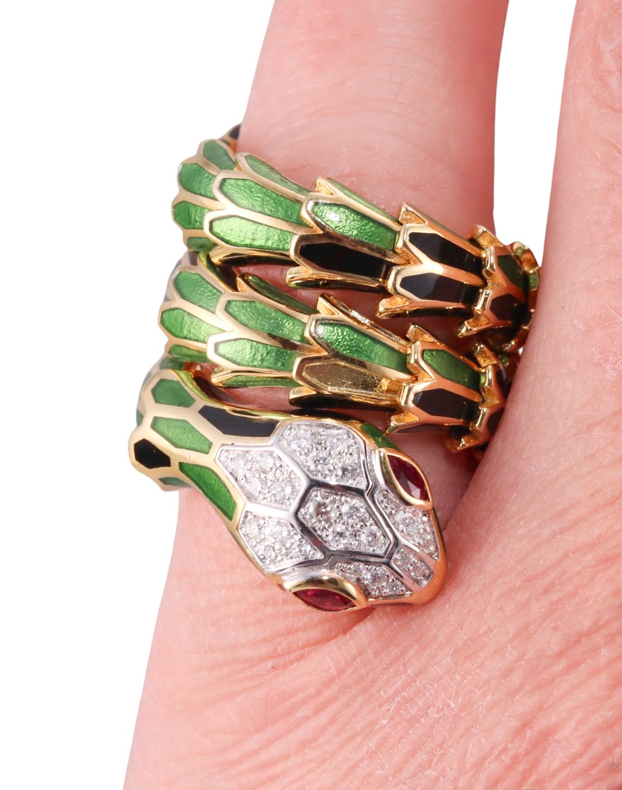 Alexis New York Silver Gold Enamel Diamond Ruby Snake Wrap Ring For Sale 2