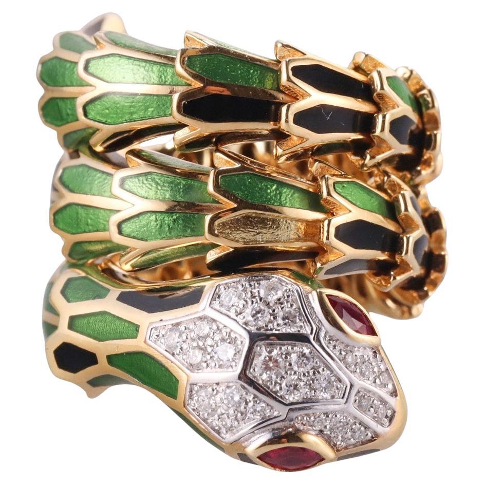Alexis New York Silver Gold Enamel Diamond Ruby Snake Wrap Ring
