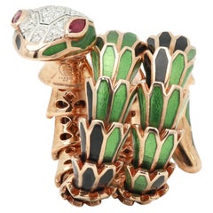 Alexis New York, bague enveloppante serpent en argent, or, émail, diamants et rubis