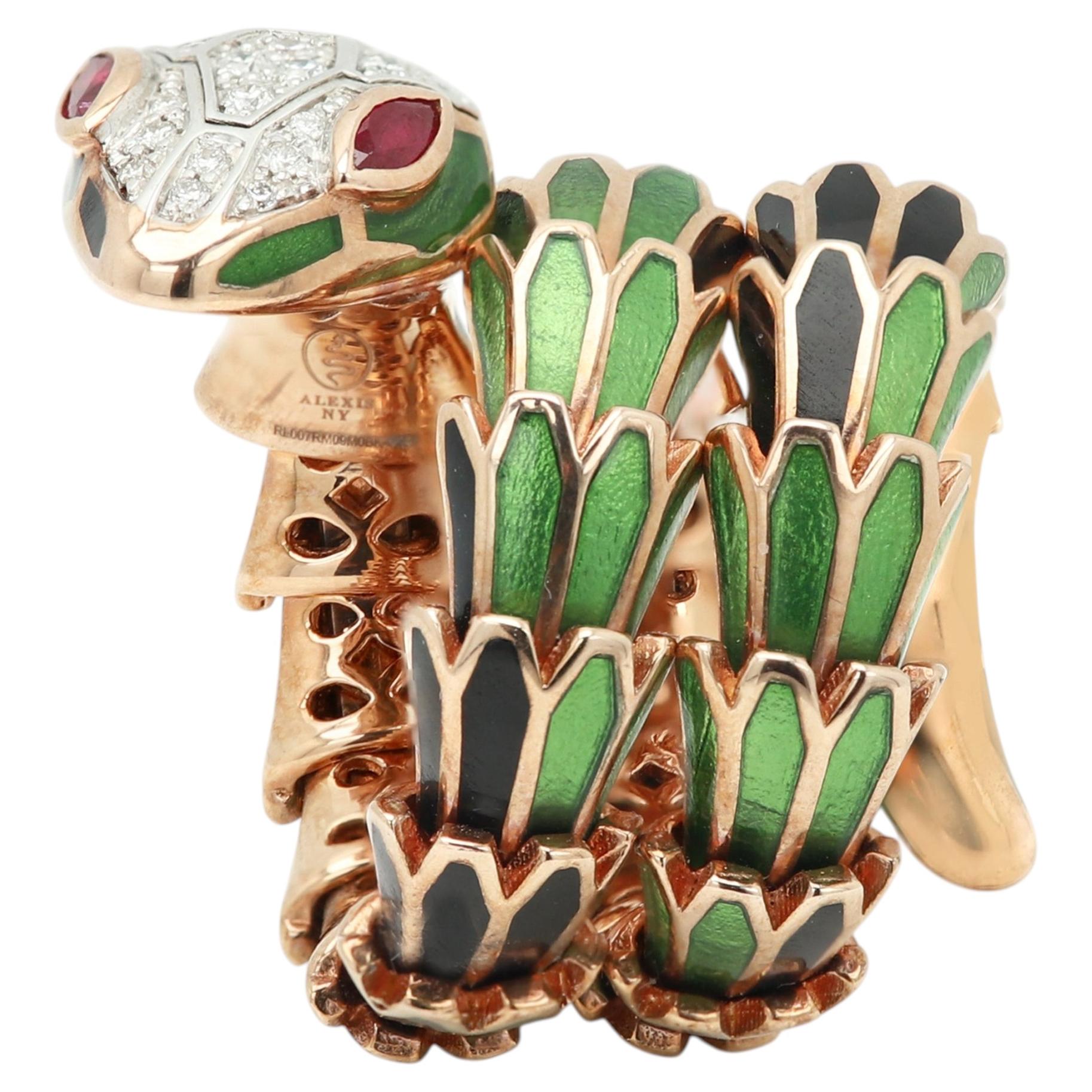 Alexis New York Silver Gold Enamel Diamond Ruby Snake Wrap Ring