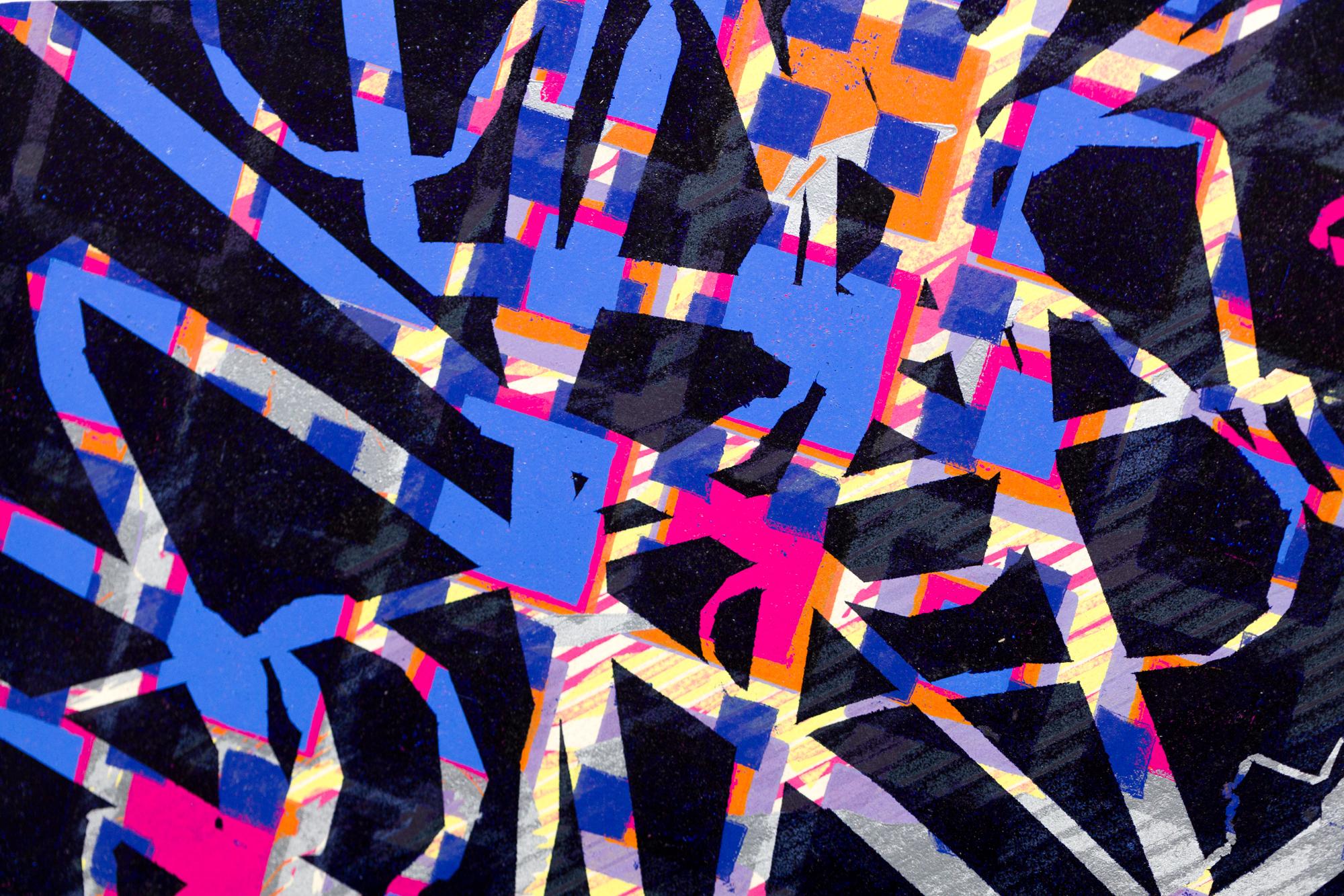 „J.P.'s Trip“, Abstrakte Muster, Geometrische Abstraktion, Holzschnitt-Monogrammdruck  (Zeitgenössisch), Print, von Alexis Nutini