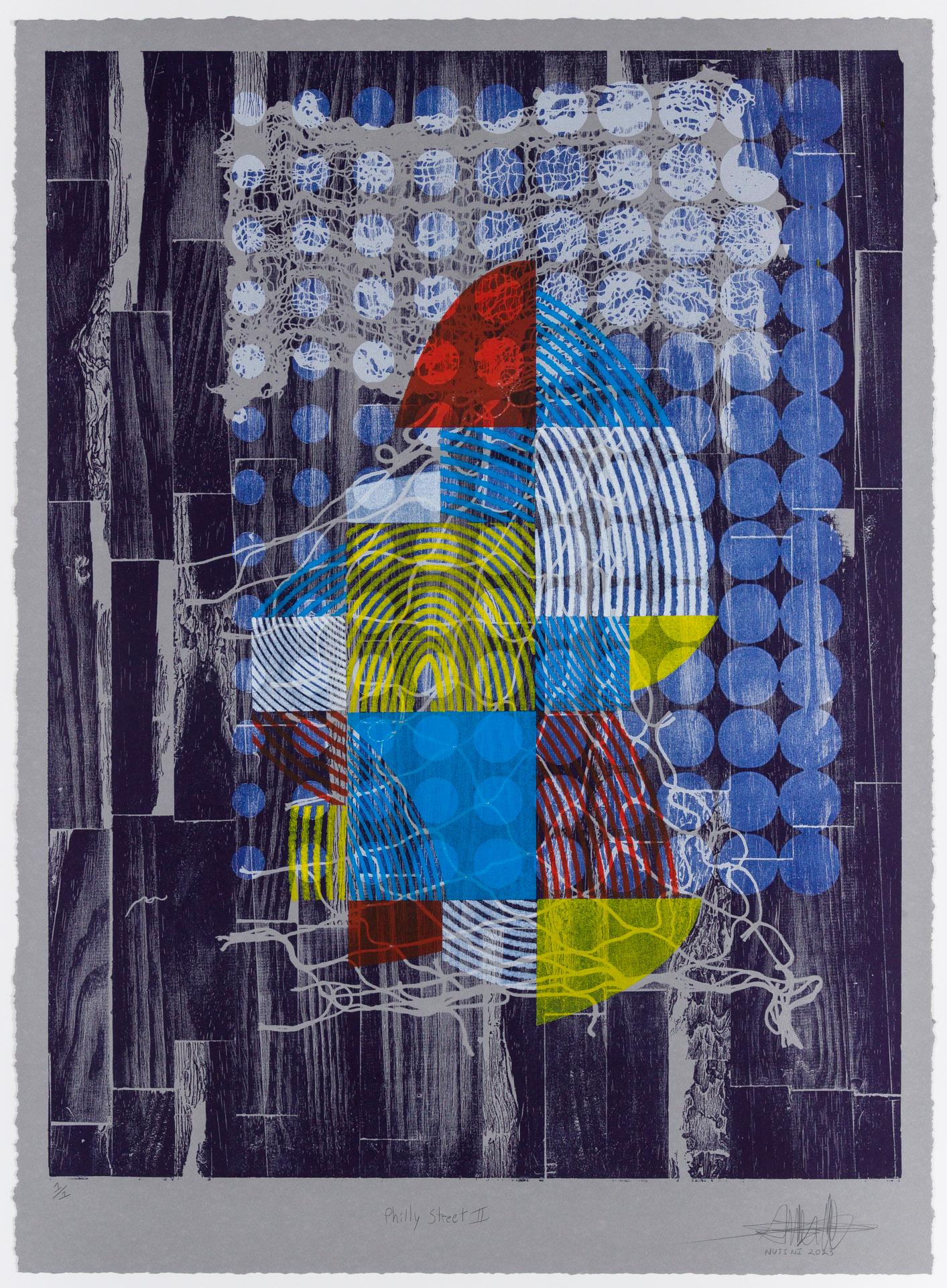 „Philly Street II“, Abstrakte Muster, Geometrische Abstraktion, Holzschnitt-Monogramm  – Print von Alexis Nutini