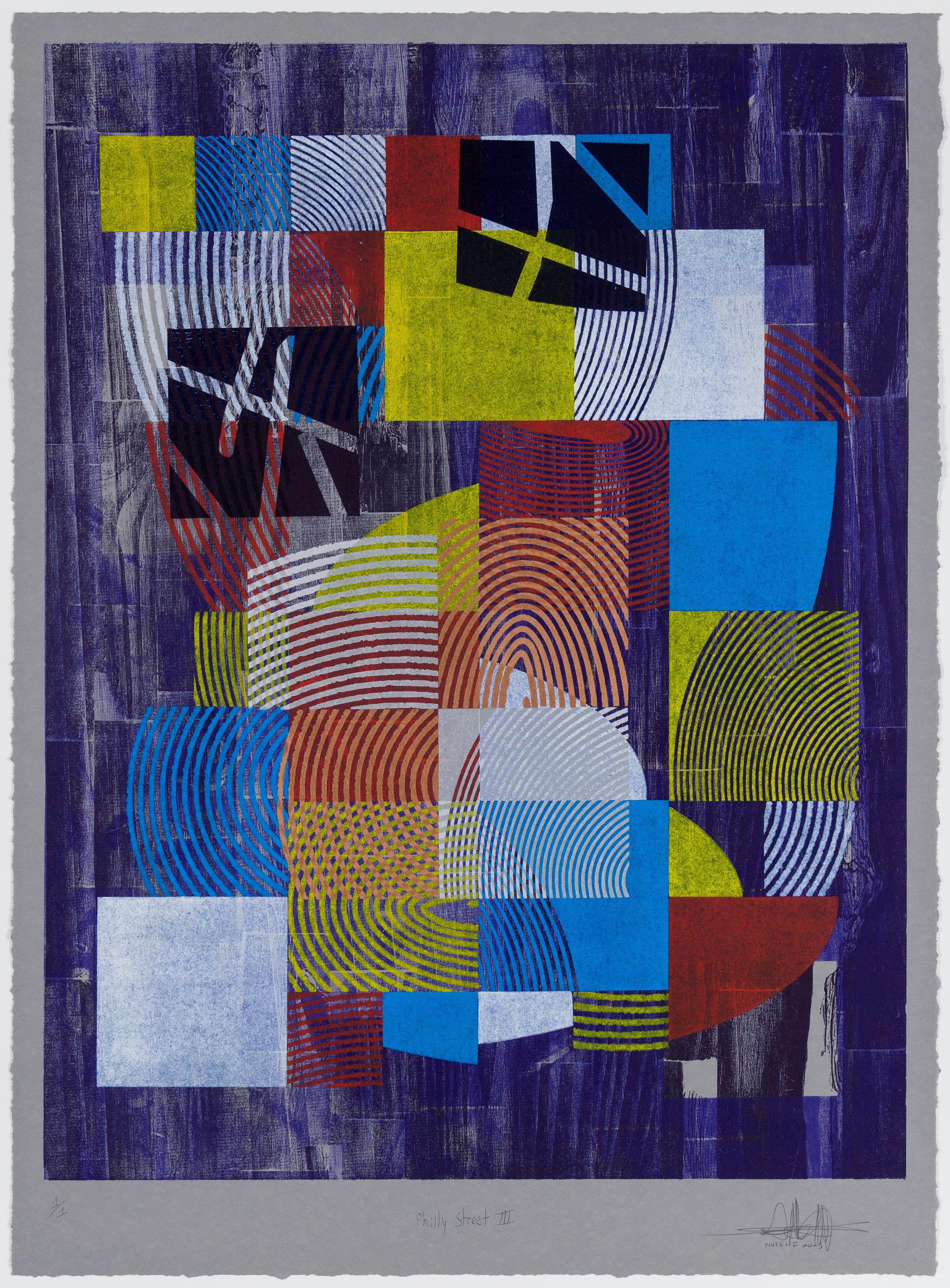 „Philly Street III“, Abstrakte Muster, Geometrische Abstraktion, Holzschnitt-Monogramm