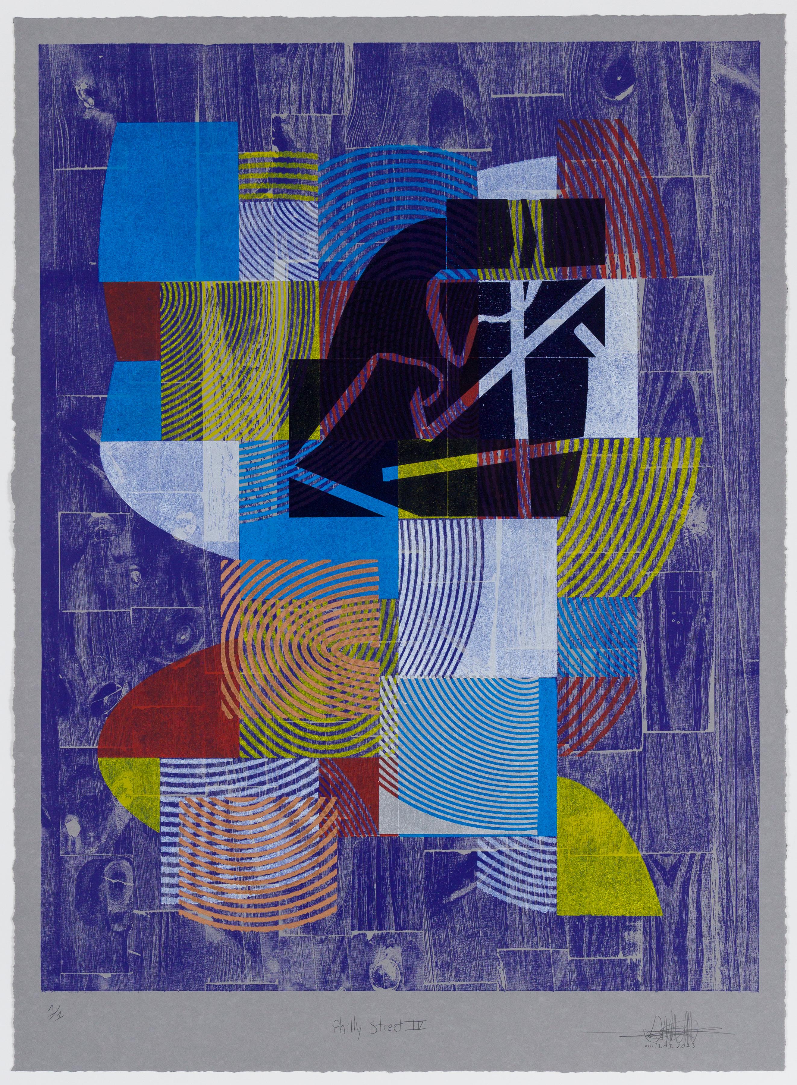 „Philly Street IV“, Abstrakte Muster, Geometrische Abstraktion, Holzschnitt-Monogramm  – Print von Alexis Nutini