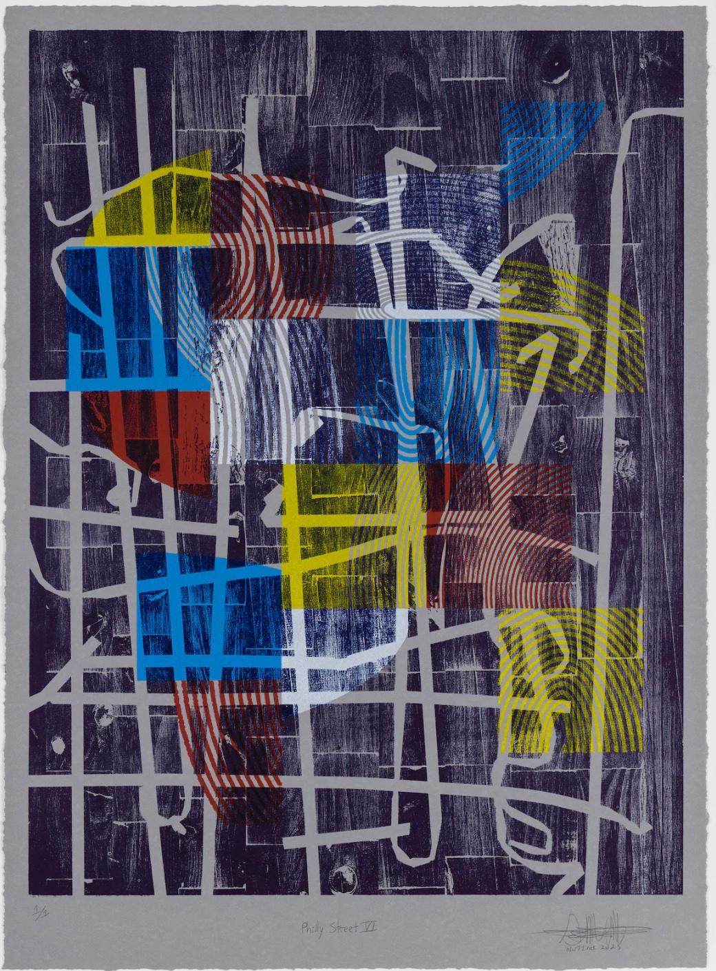 „Philly Street VI“, Abstrakte Muster, Geometrische Abstraktion, Holzschnitt-Monogramm 