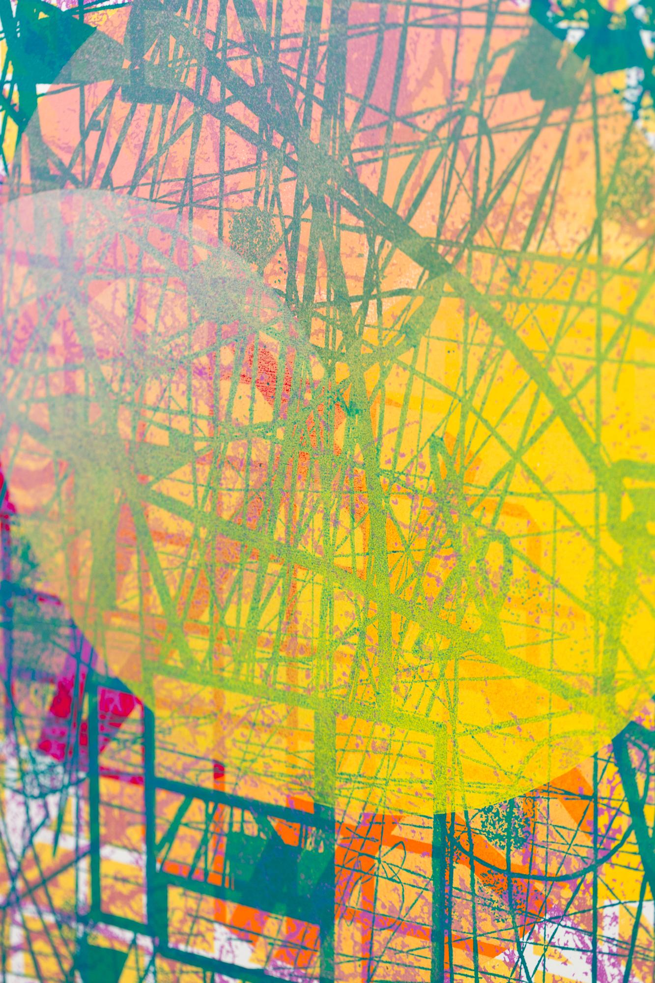 « Sunset One », motifs abstraits, abstraction géométrique, gravure sur bois, monoimpression - Print de Alexis Nutini