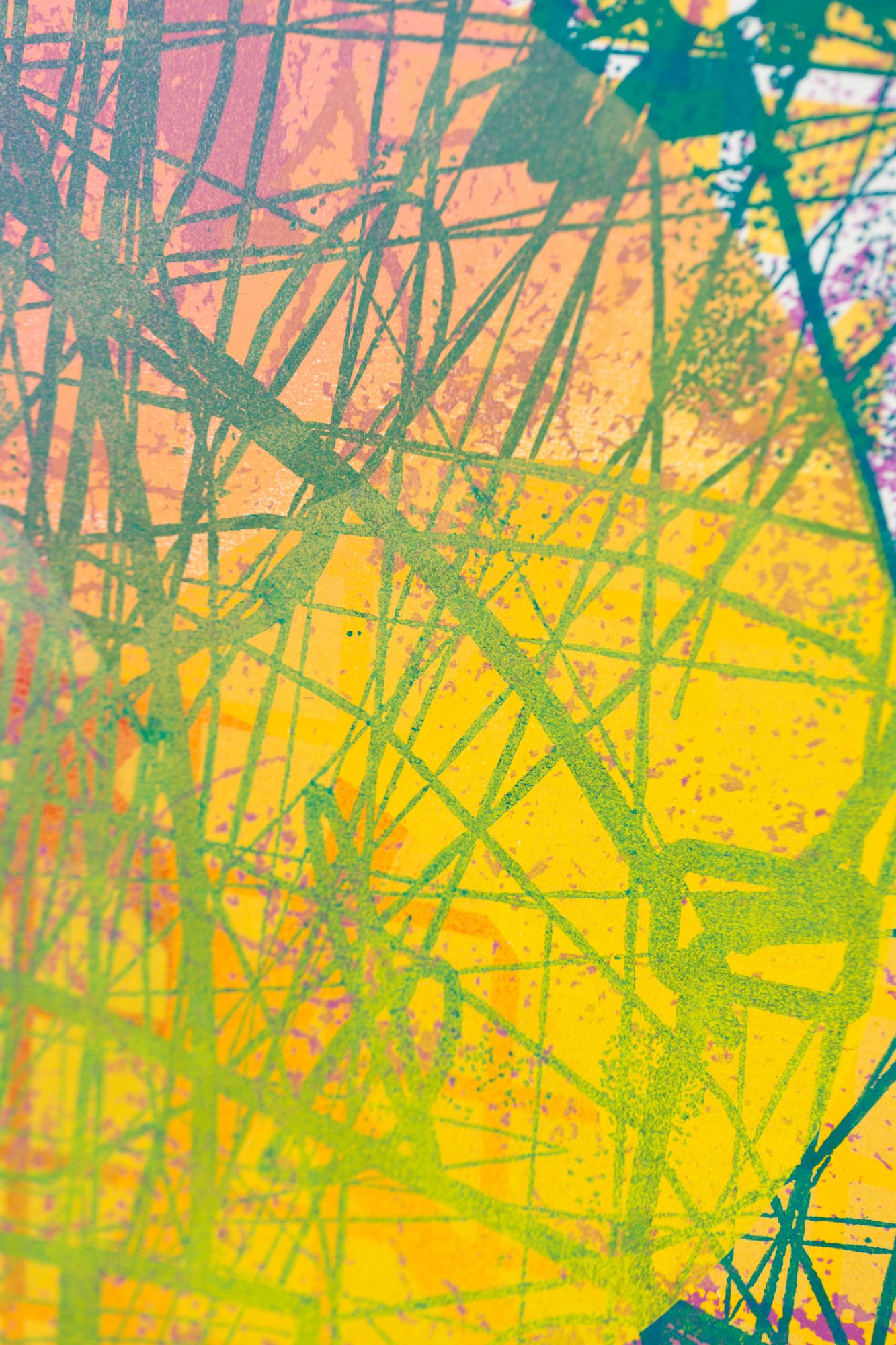 « Sunset One », motifs abstraits, abstraction géométrique, gravure sur bois, monoimpression en vente 1