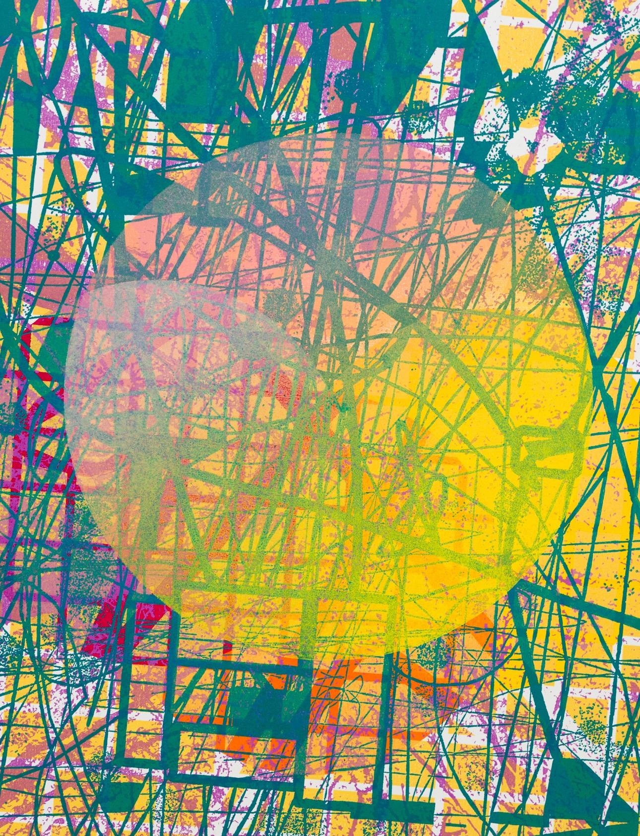 « Sunset One », motifs abstraits, abstraction géométrique, gravure sur bois, monoimpression en vente 2