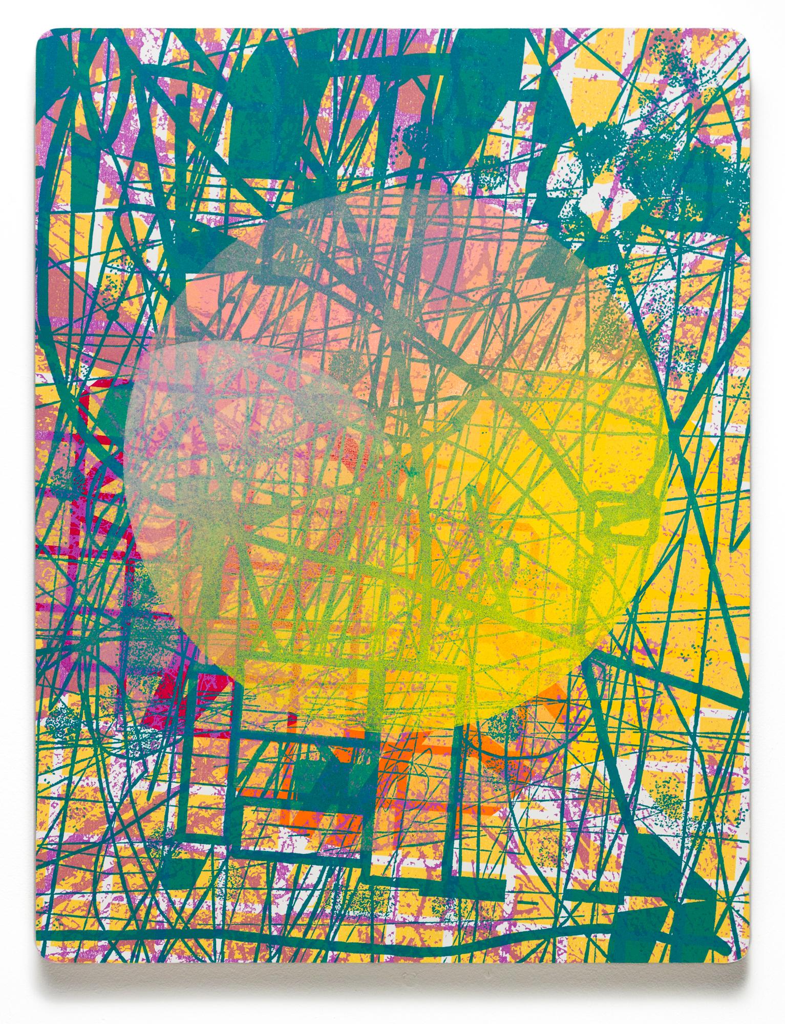 « Sunset One », motifs abstraits, abstraction géométrique, gravure sur bois, monoimpression
