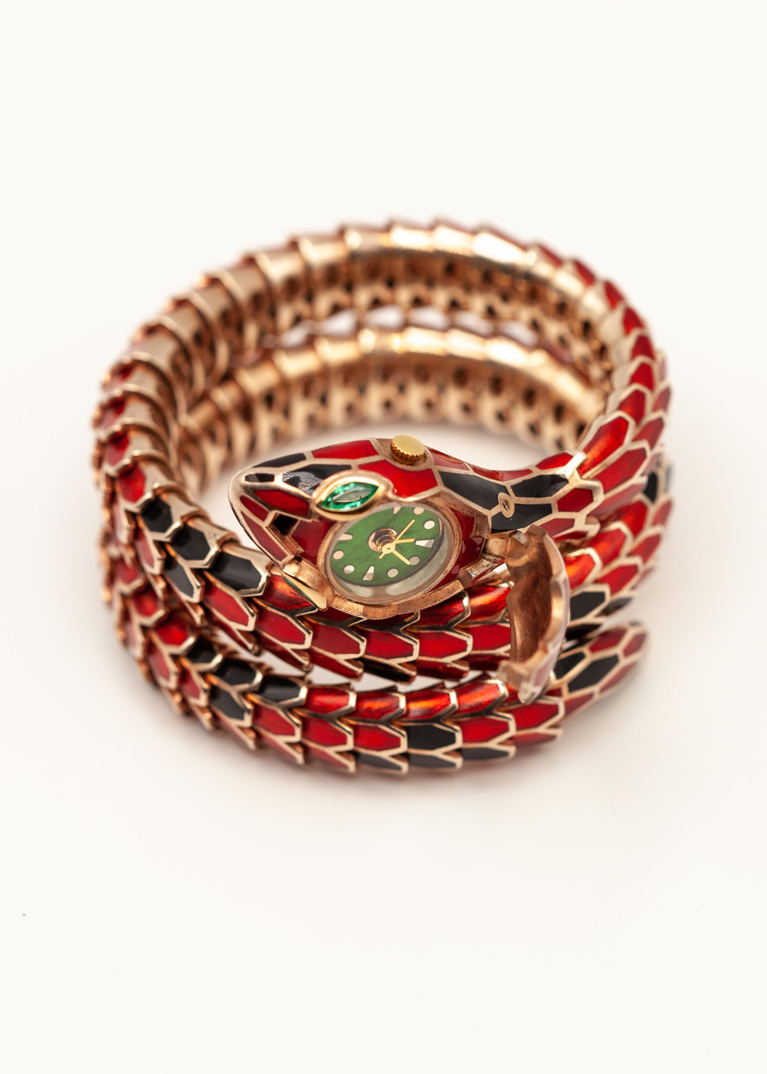 Alexis NY 18K and Sterling Enamel Snake Wrap Bracelet Watch en venta 7
