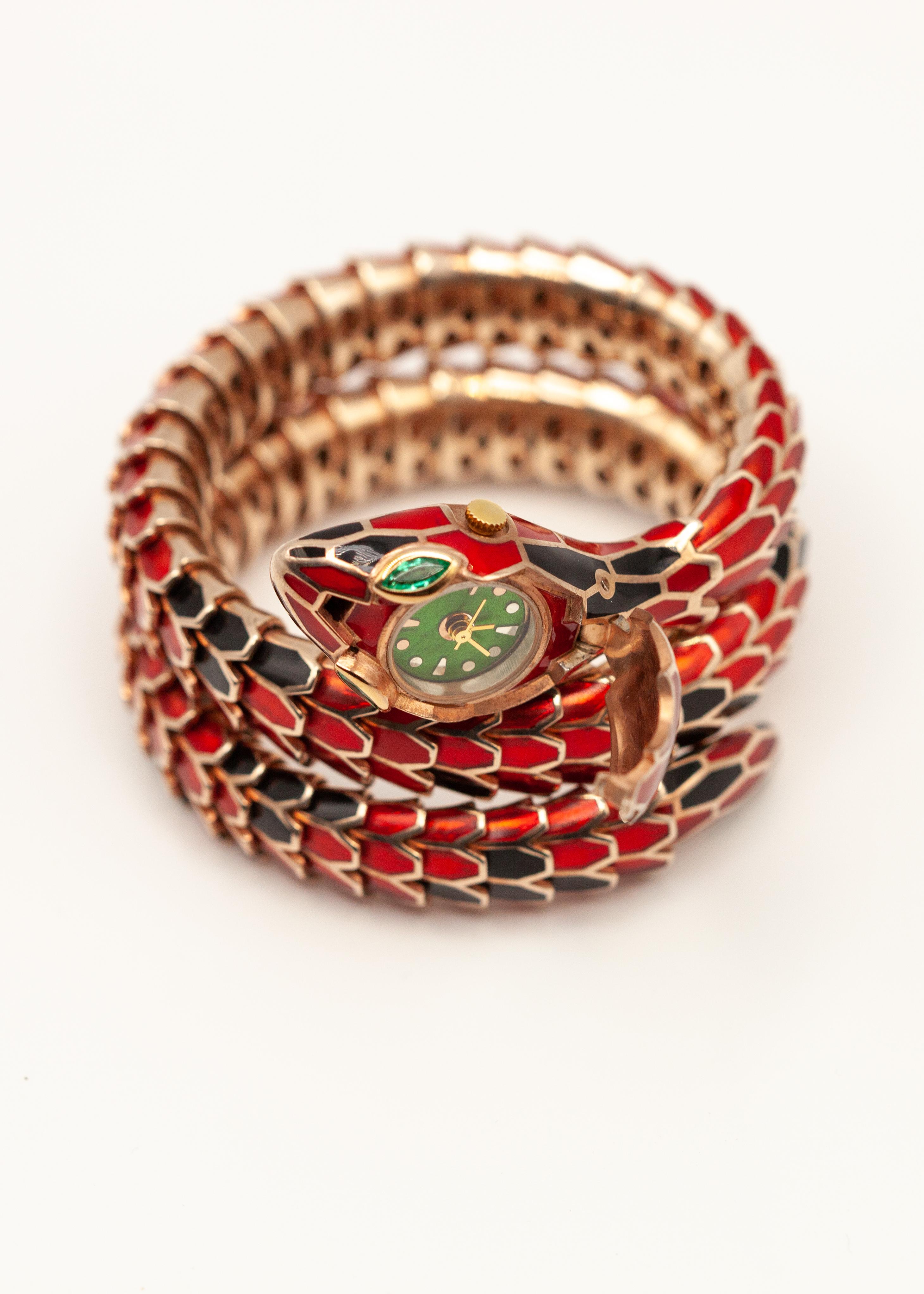 Femenino o masculino Alexis NY 18K and Sterling Enamel Snake Wrap Bracelet Watch en venta