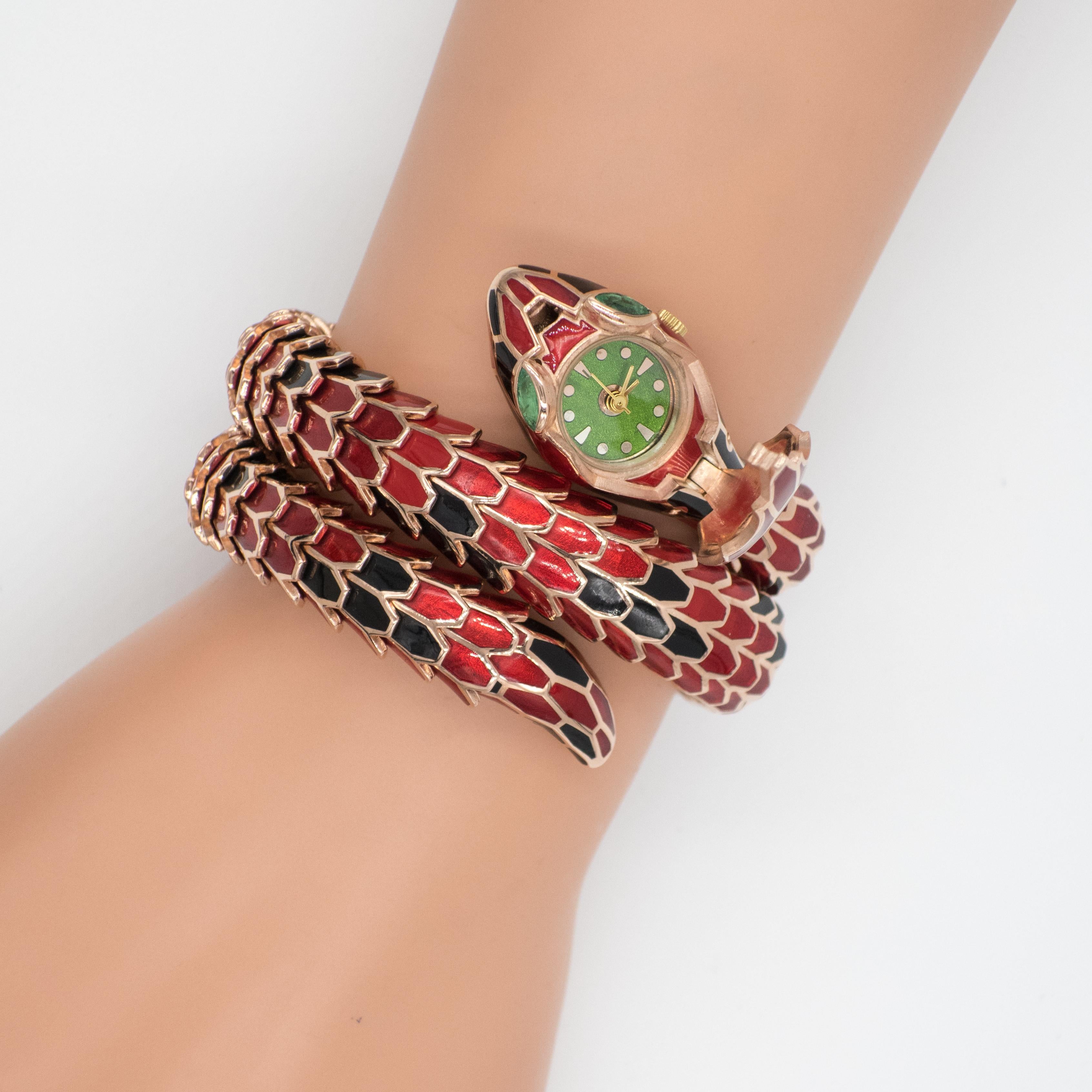 Alexis NY 18K and Sterling Enamel Snake Wrap Bracelet Watch en venta 3
