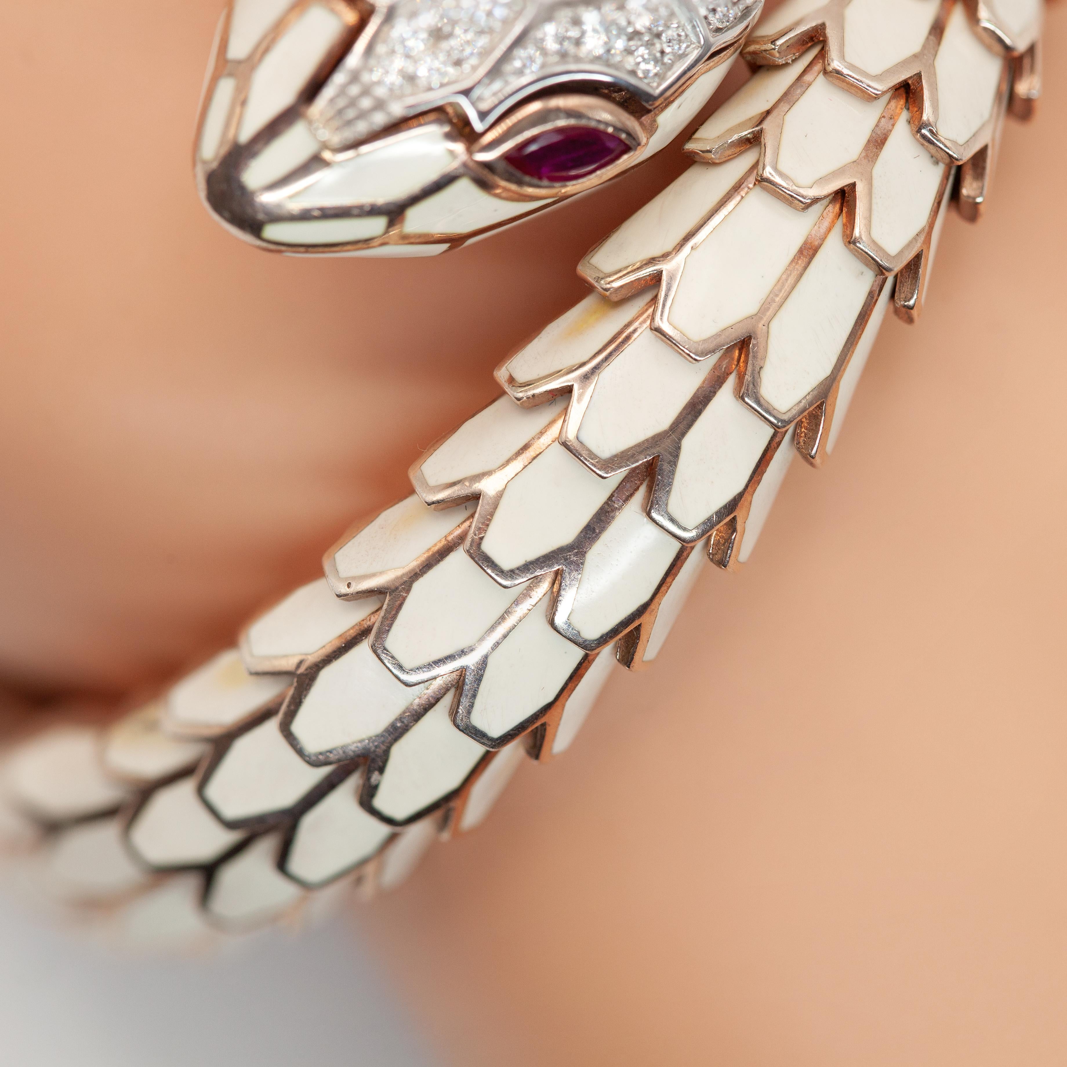 Alexis NY 18K Sterling Diamond Ruby Enamel Snake Wrap Bracelet Watch en venta 7