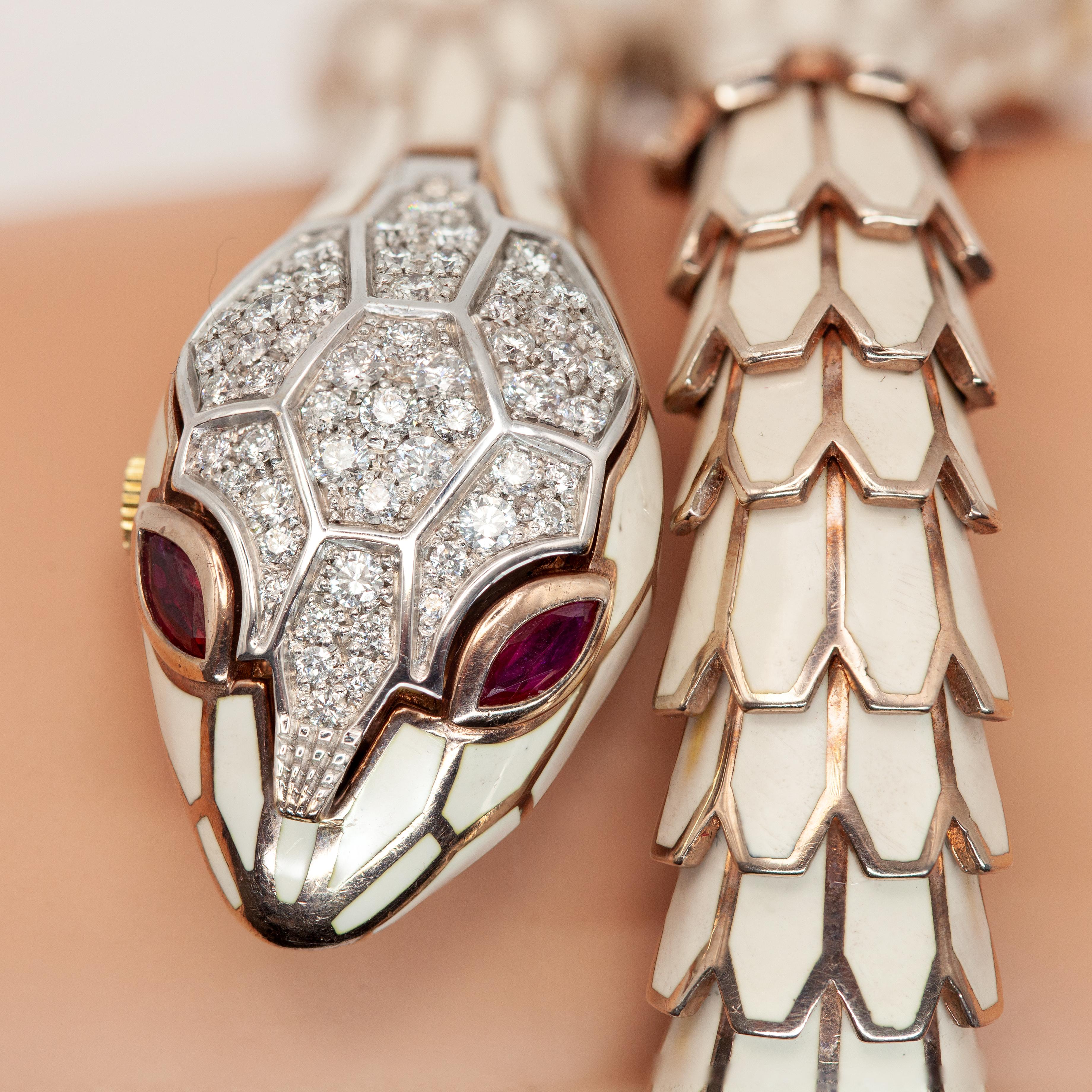 Alexis NY 18K Sterling Diamond Ruby Enamel Snake Wrap Bracelet Watch en venta 8