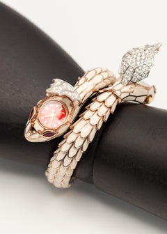 Alexis NY 18K Sterling Diamond Ruby Enamel Snake Wrap Bracelet Watch