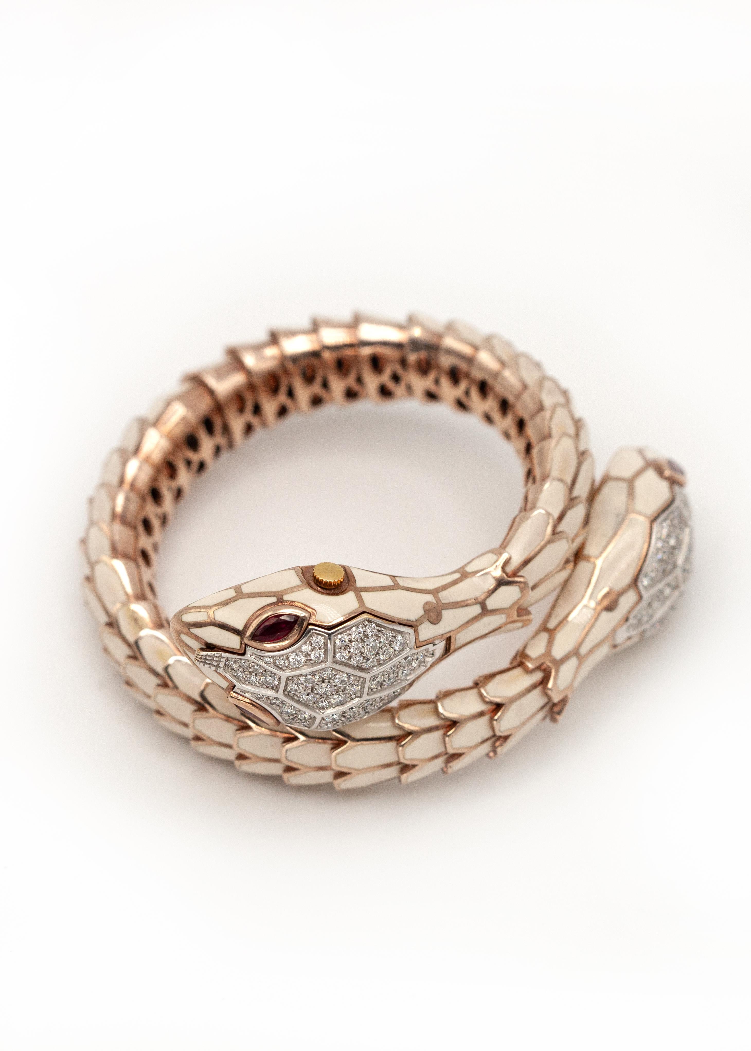 Modern Alexis NY 18K Sterling Diamond Ruby Enamel Snake Wrap Bracelet Watch For Sale