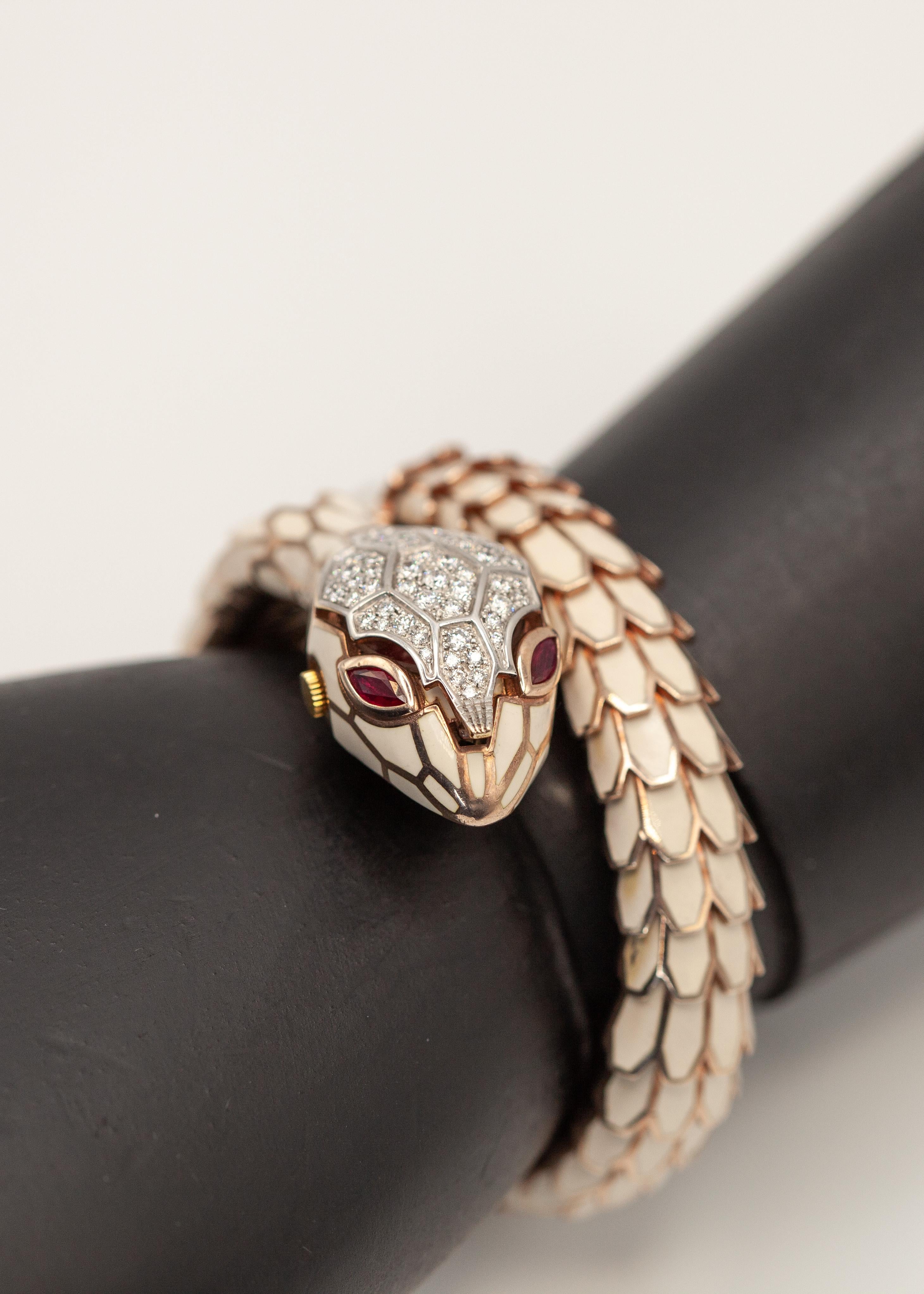 Brilliant Cut Alexis NY 18K Sterling Diamond Ruby Enamel Snake Wrap Bracelet Watch For Sale