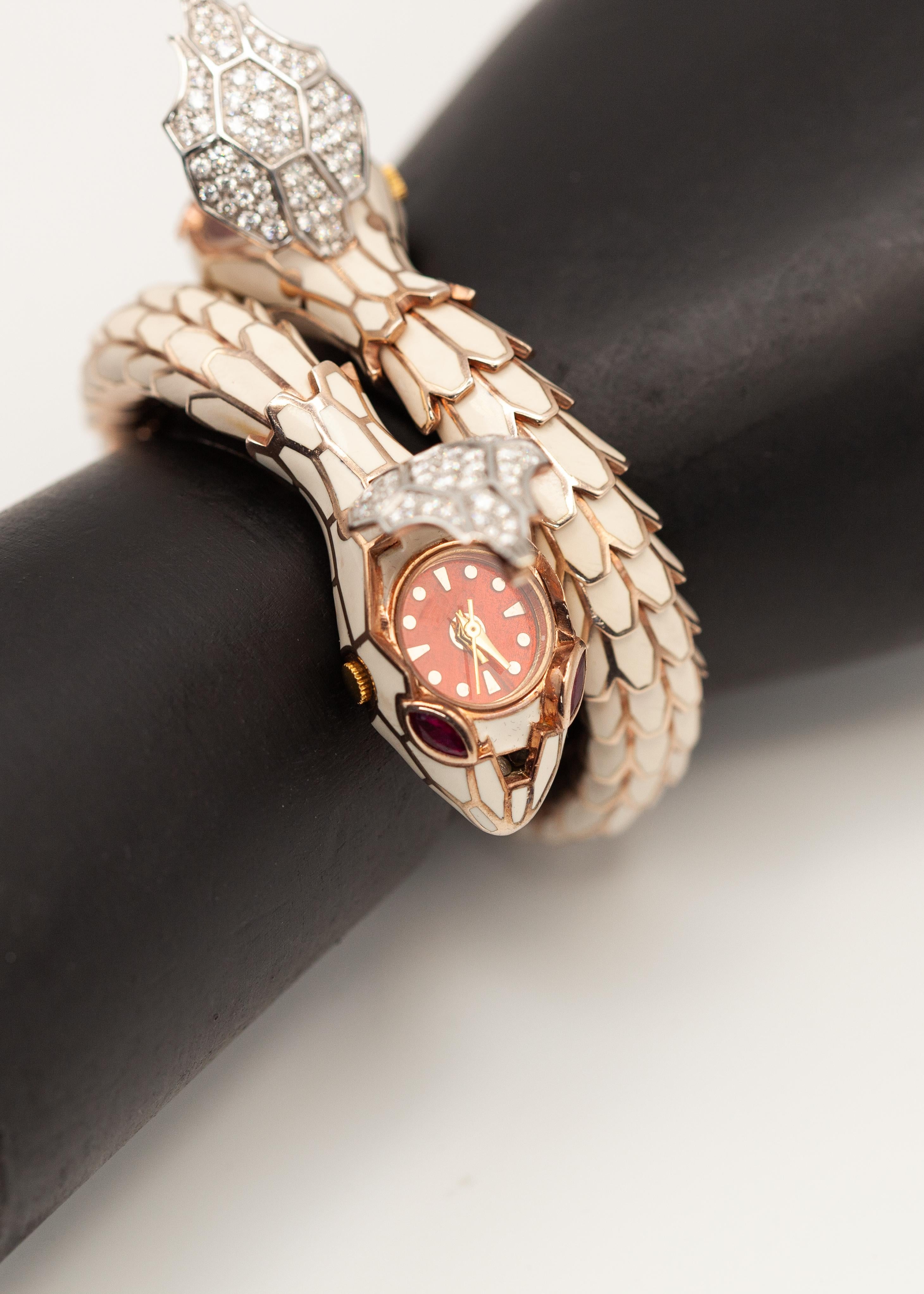 Women's Alexis NY 18K Sterling Diamond Ruby Enamel Snake Wrap Bracelet Watch For Sale