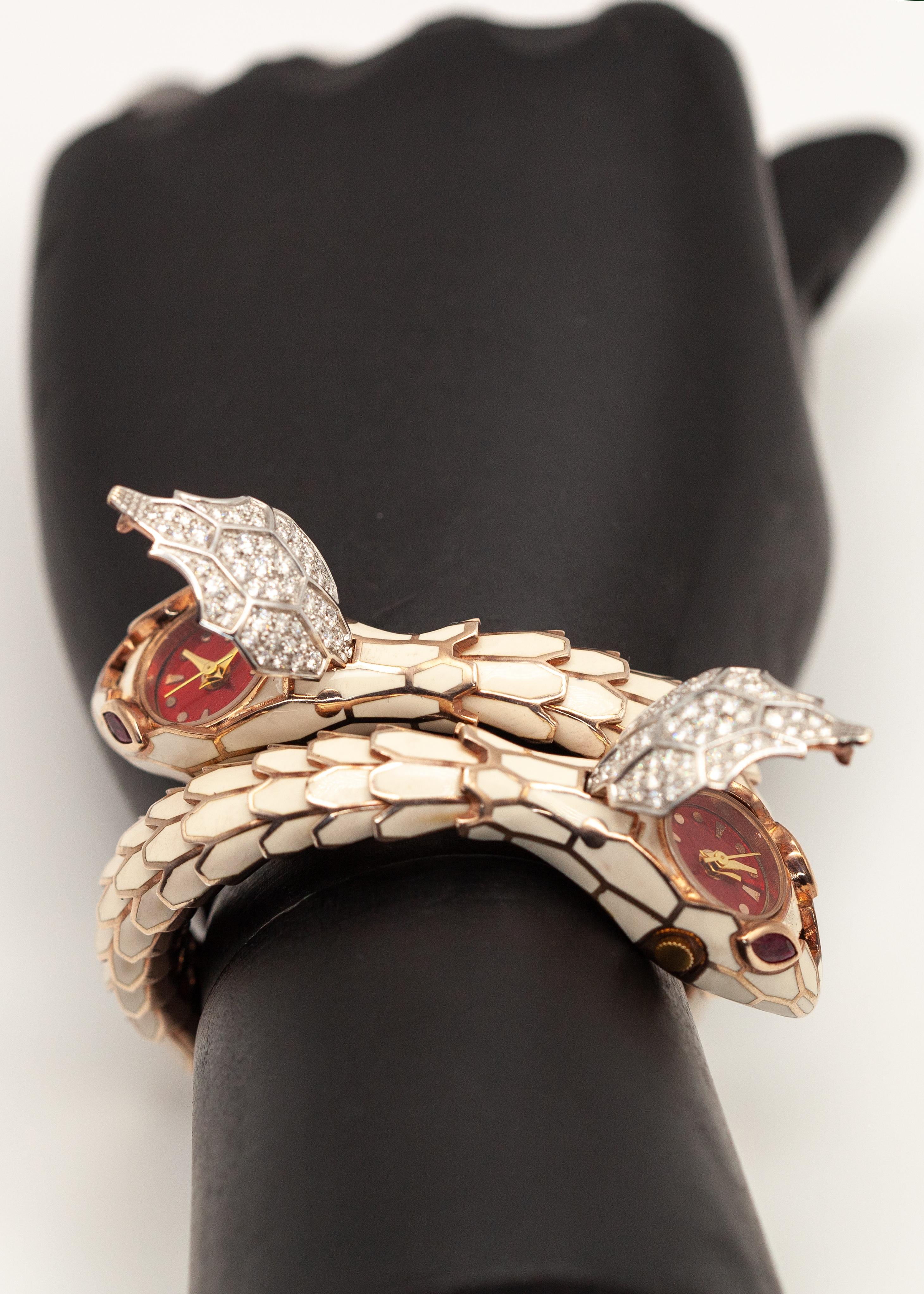 Alexis NY 18K Sterling Diamond Ruby Enamel Snake Wrap Bracelet Watch For Sale 1