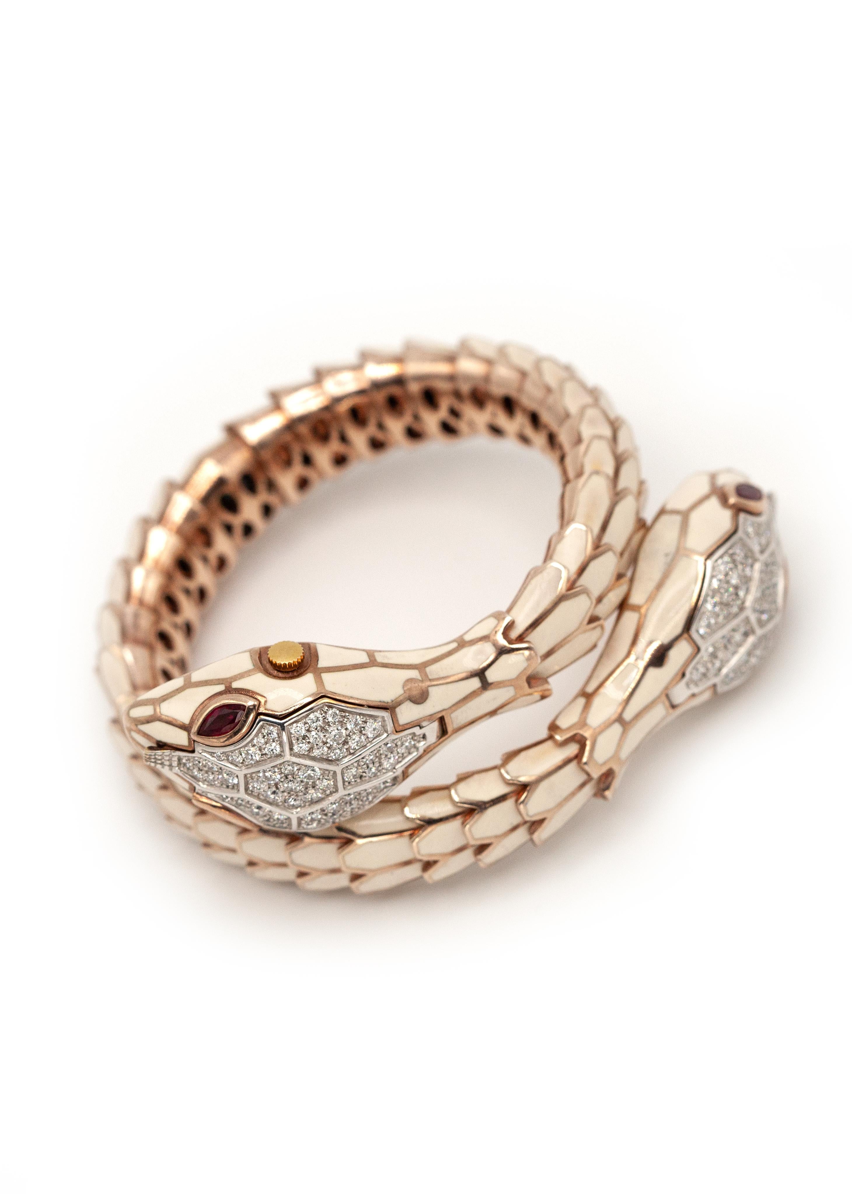 Alexis NY 18K Sterling Diamond Ruby Enamel Snake Wrap Bracelet Watch For Sale 2