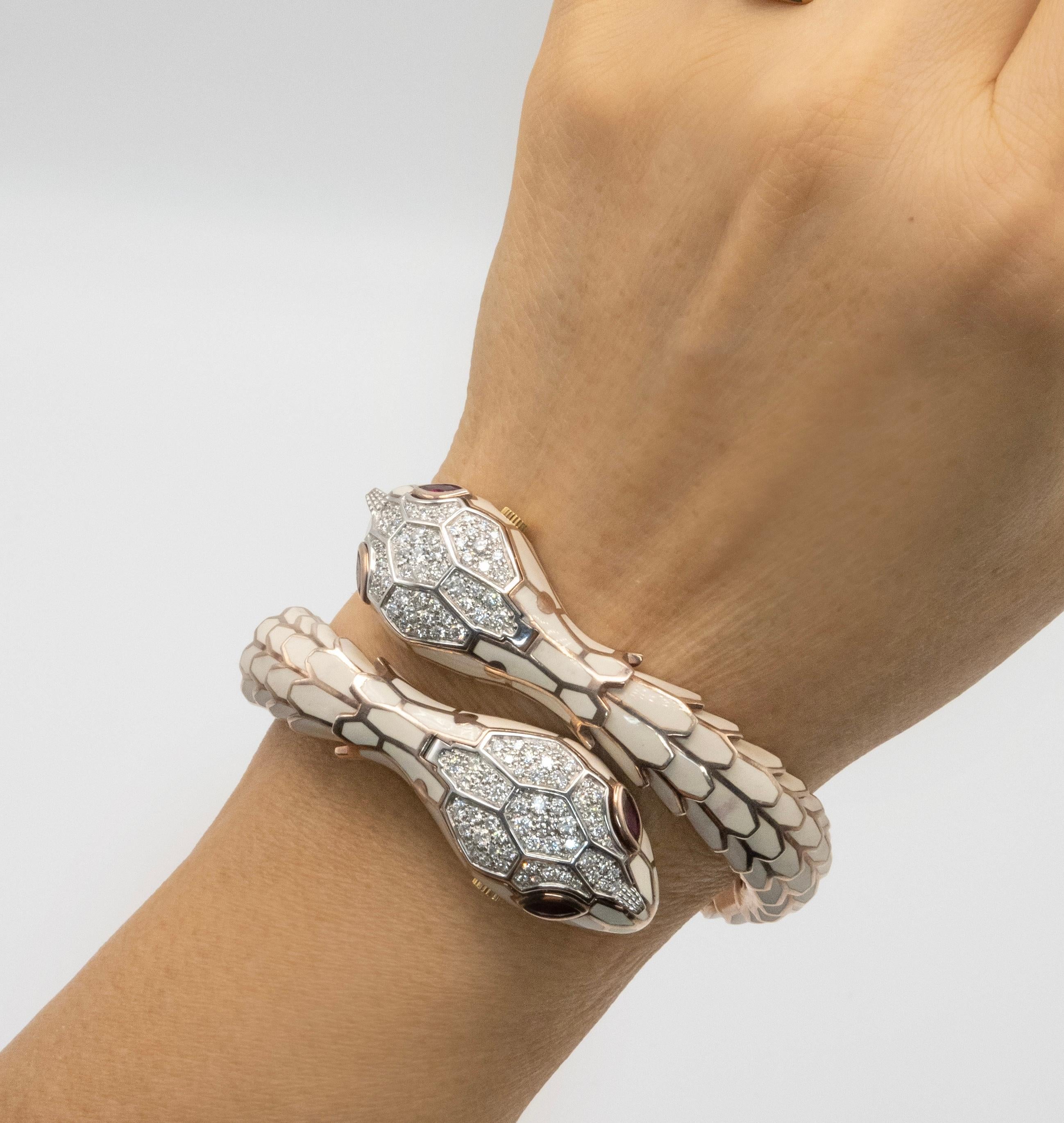 Alexis NY 18K Sterling Diamond Ruby Enamel Snake Wrap Bracelet Watch For Sale 3
