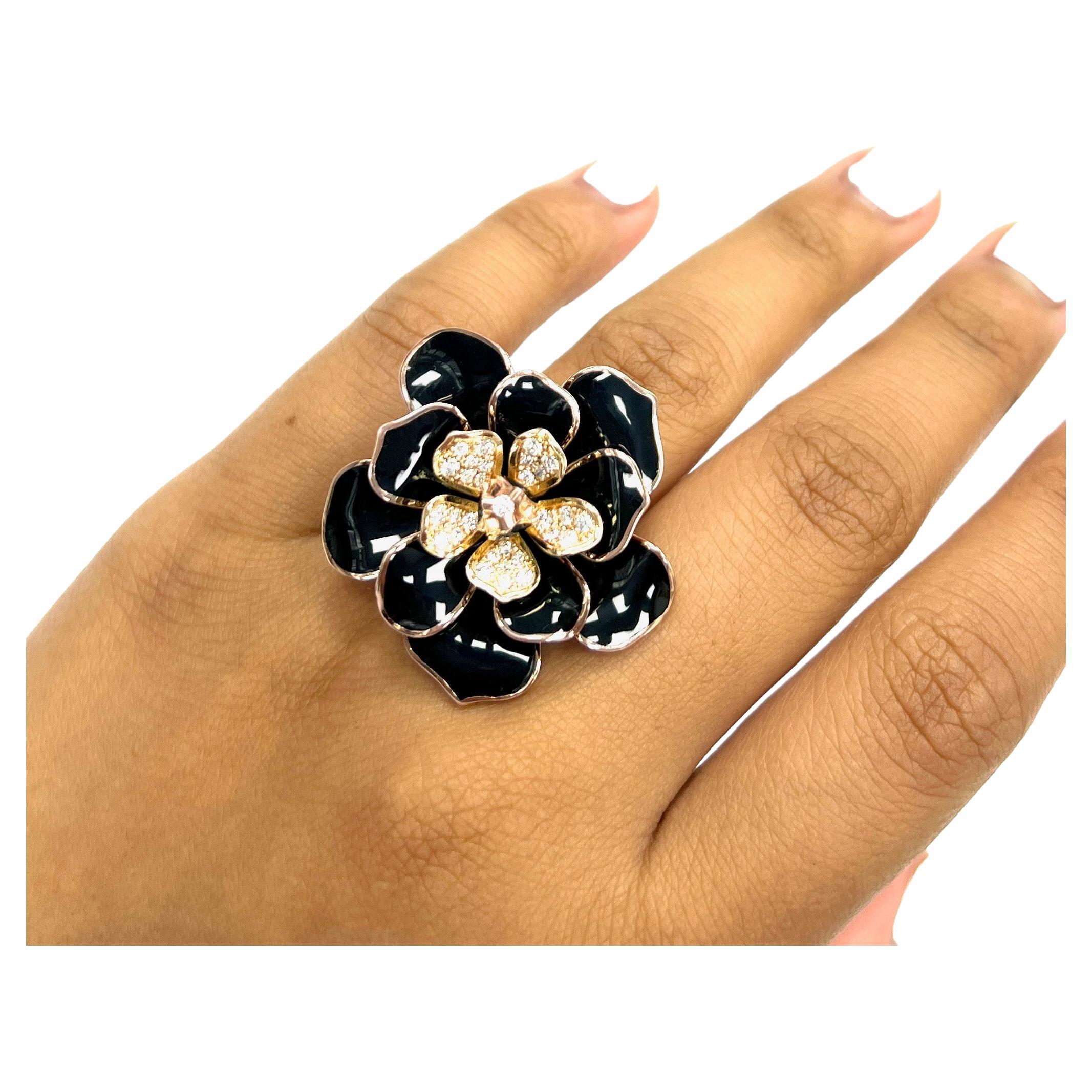 Alexis NY Black Enamel Flower Ring For Sale 8