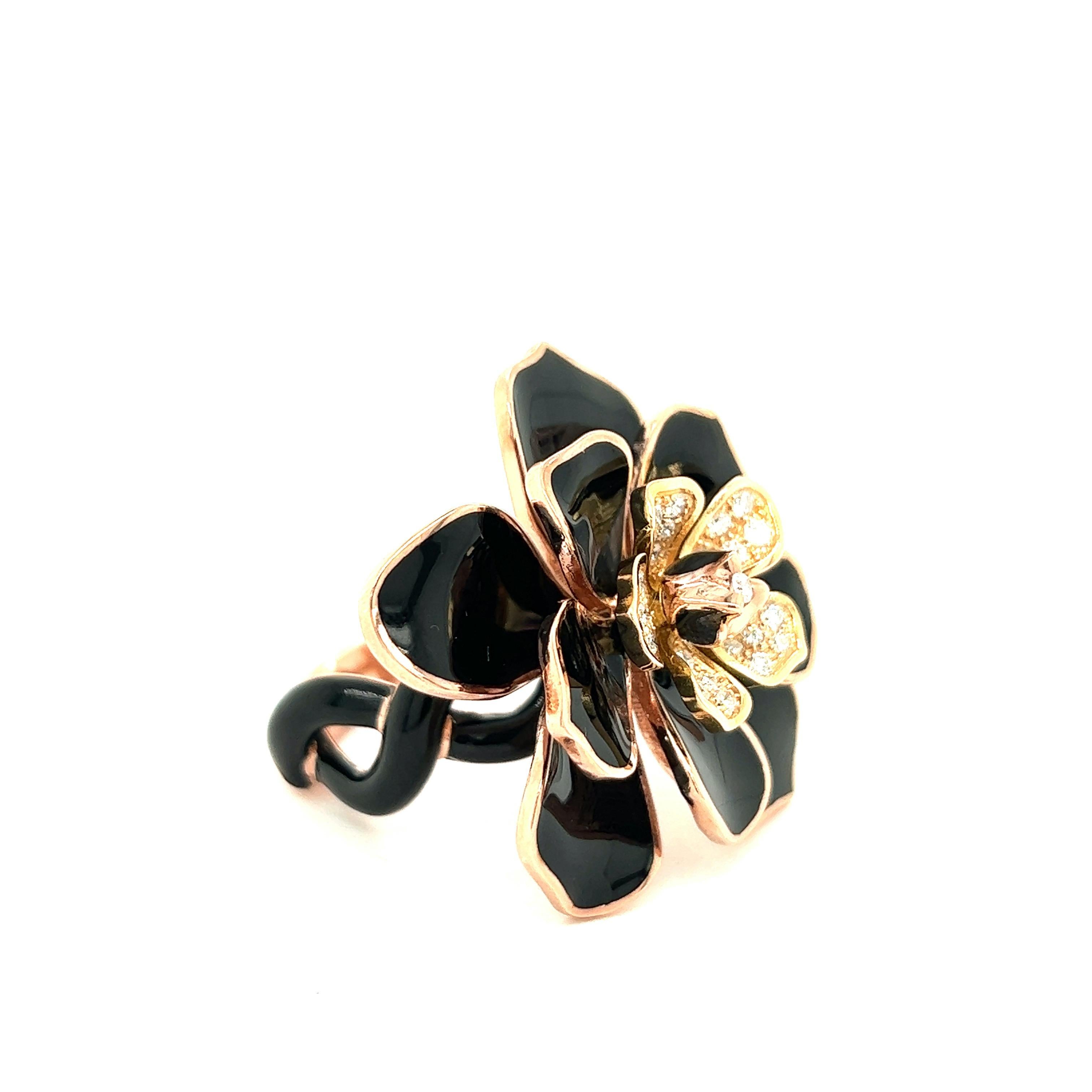 Alexis NY Anillo Flor Esmalte Negro Contemporáneo en venta