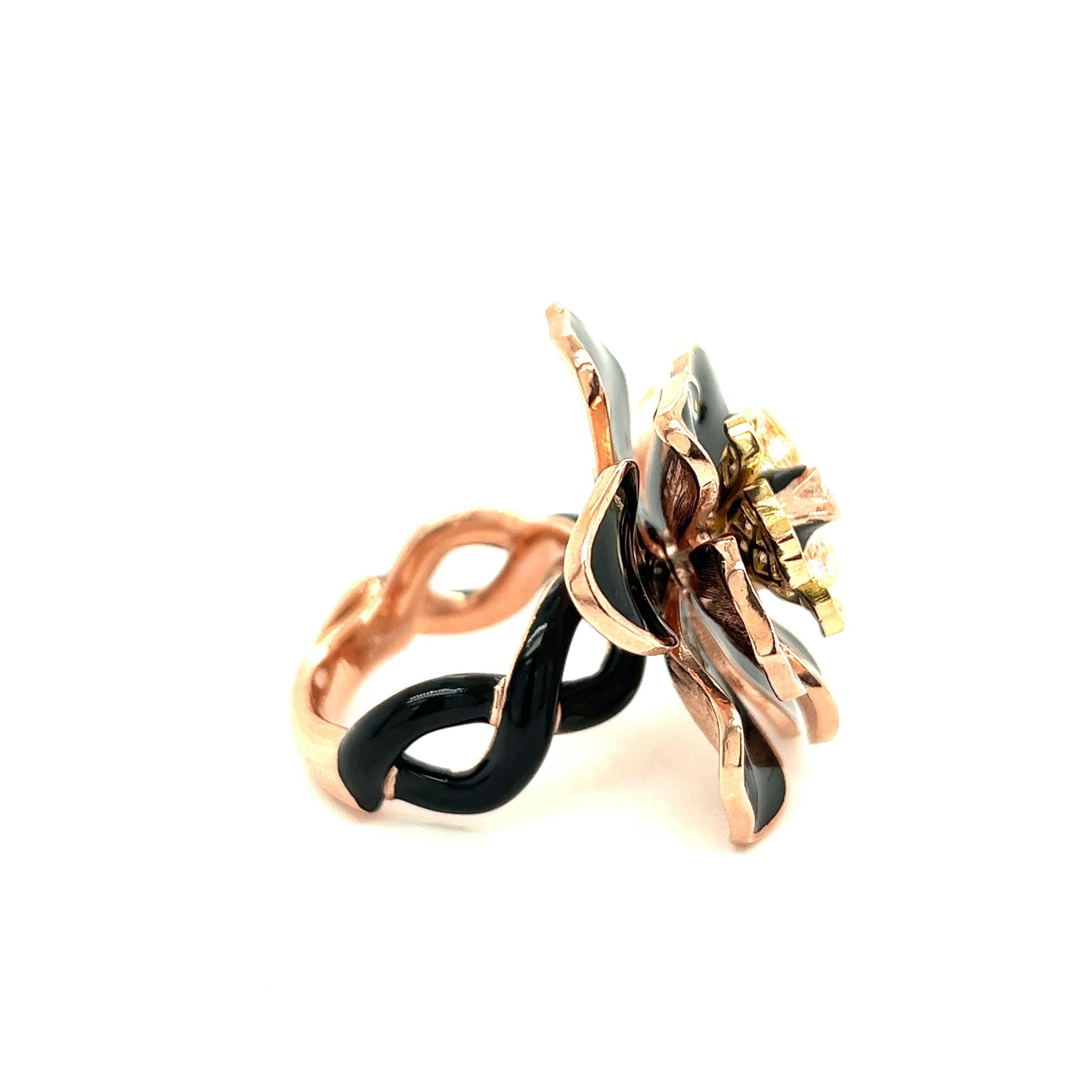 Round Cut Alexis NY Black Enamel Flower Ring For Sale