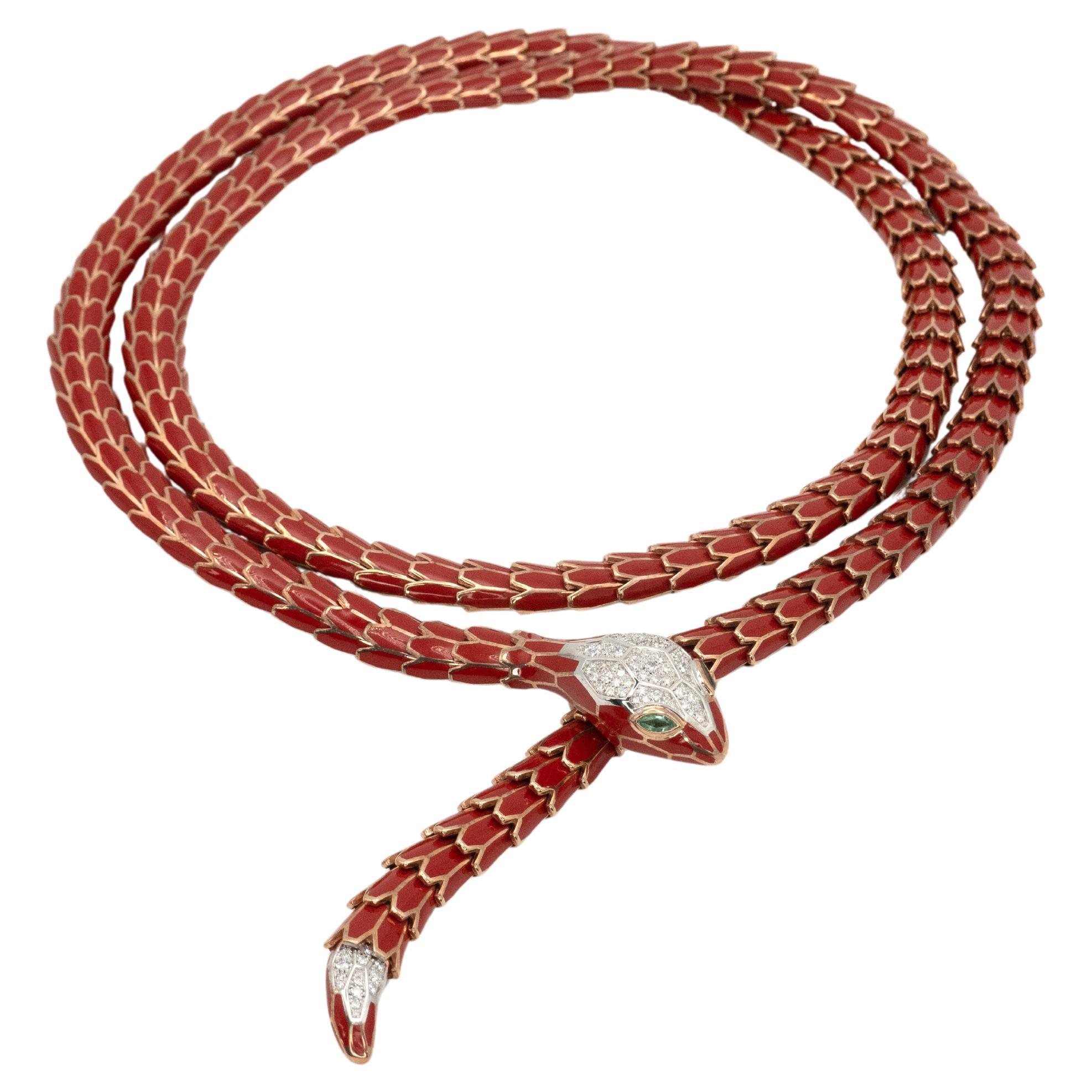 Alexis NY Diamond Emerald Enamel Serpent Necklace Belt in 18K and Sterling For Sale