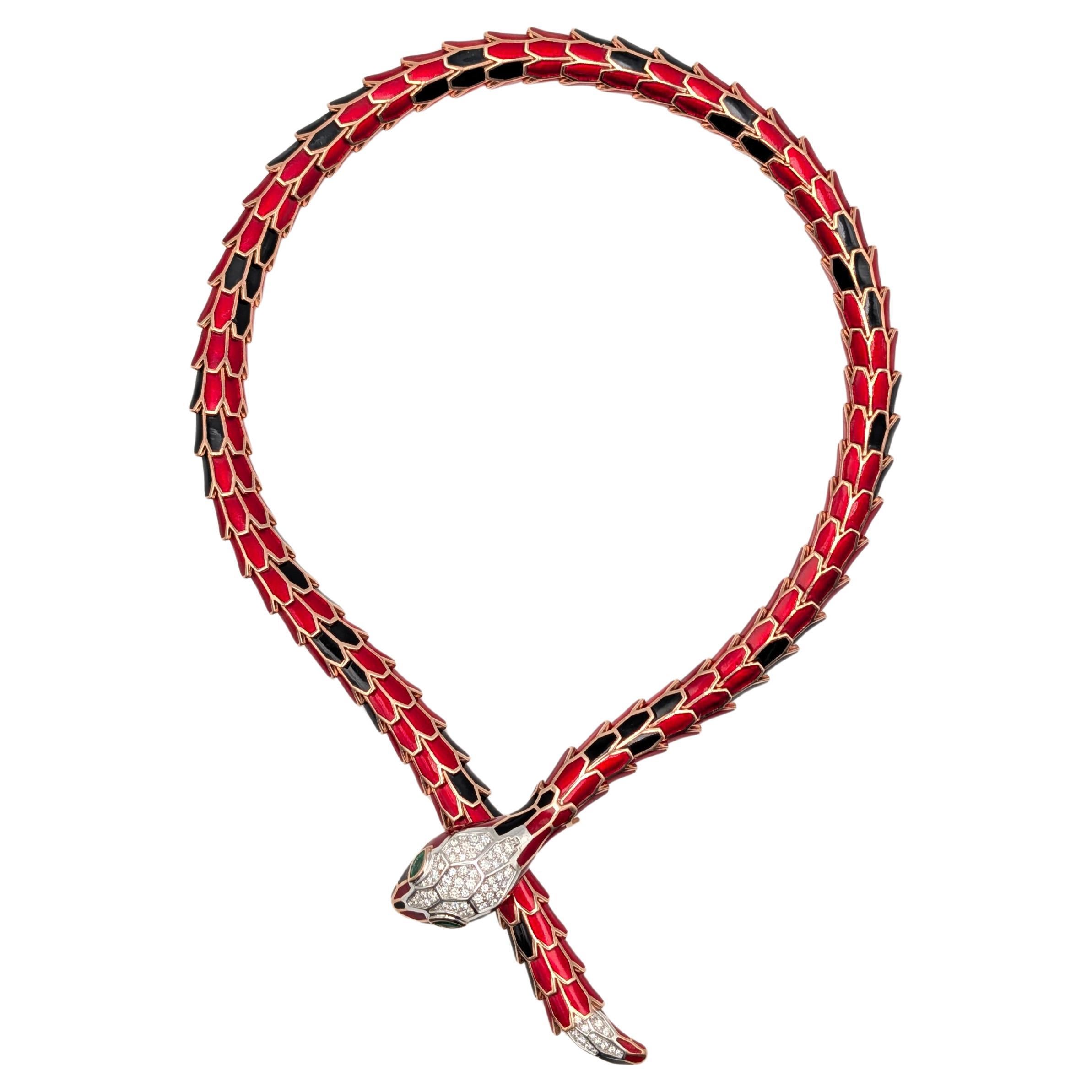 Alexis NY Diamond Emerald Enamel Serpent Necklace in 18K and Sterling