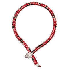 Alexis NY Diamond Emerald Enamel Serpent Necklace in 18K and Sterling