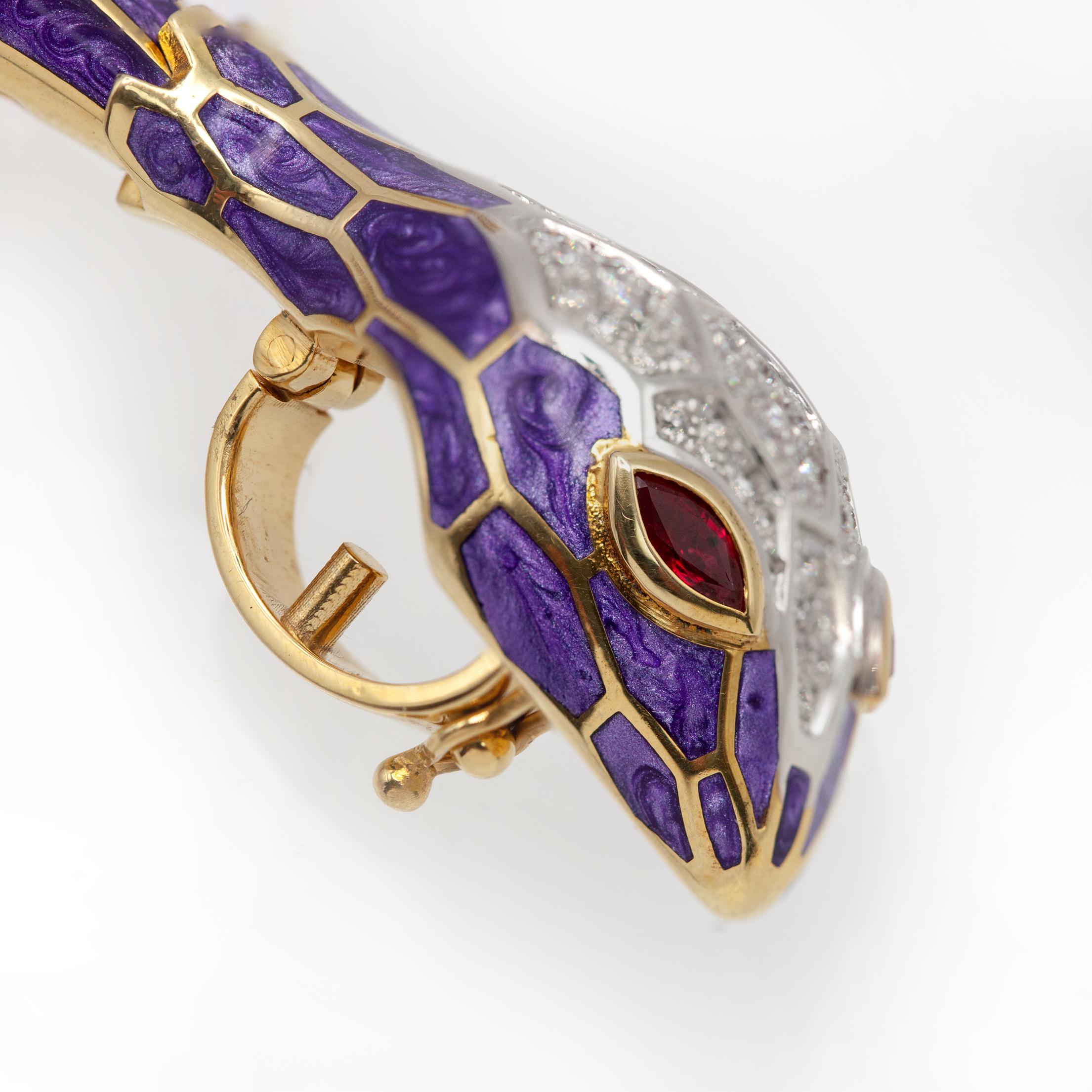 Alexis NY Diamond Ruby Enamel Serpent Necklace in 18K and Sterling in vendita 5