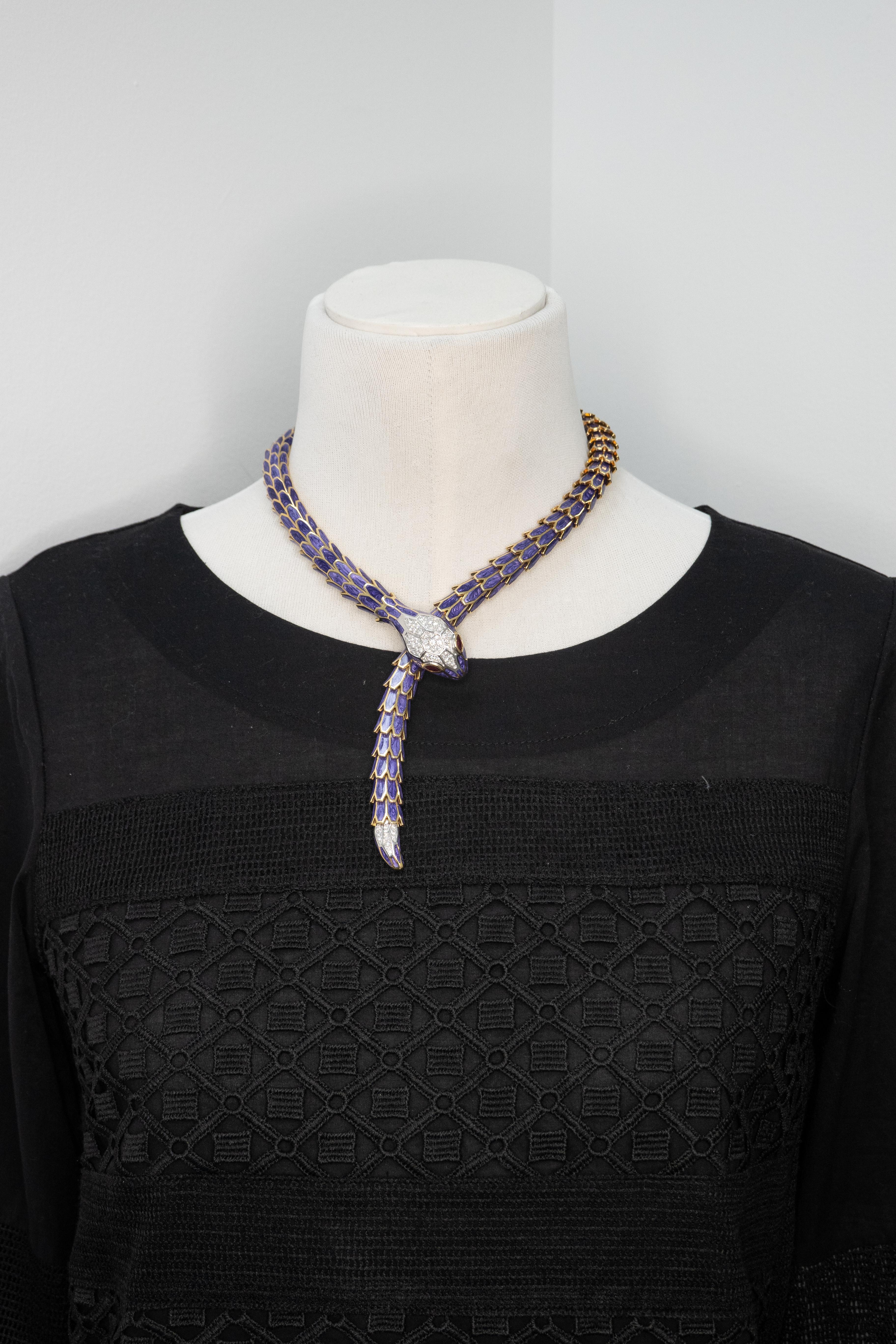 Moderno Alexis NY Diamond Ruby Enamel Serpent Necklace in 18K and Sterling in vendita