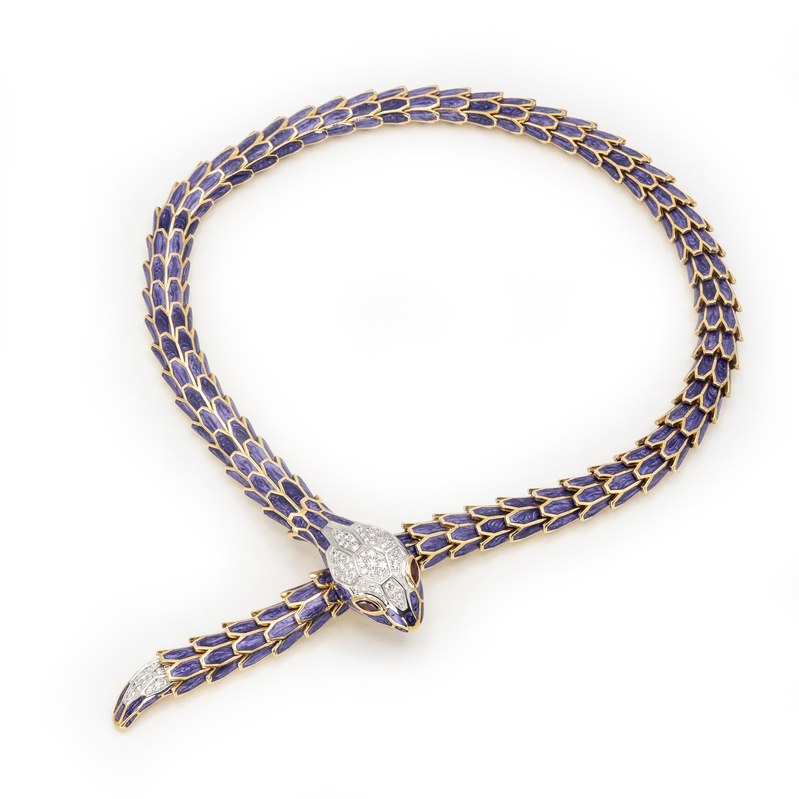 Taglio brillante Alexis NY Diamond Ruby Enamel Serpent Necklace in 18K and Sterling in vendita