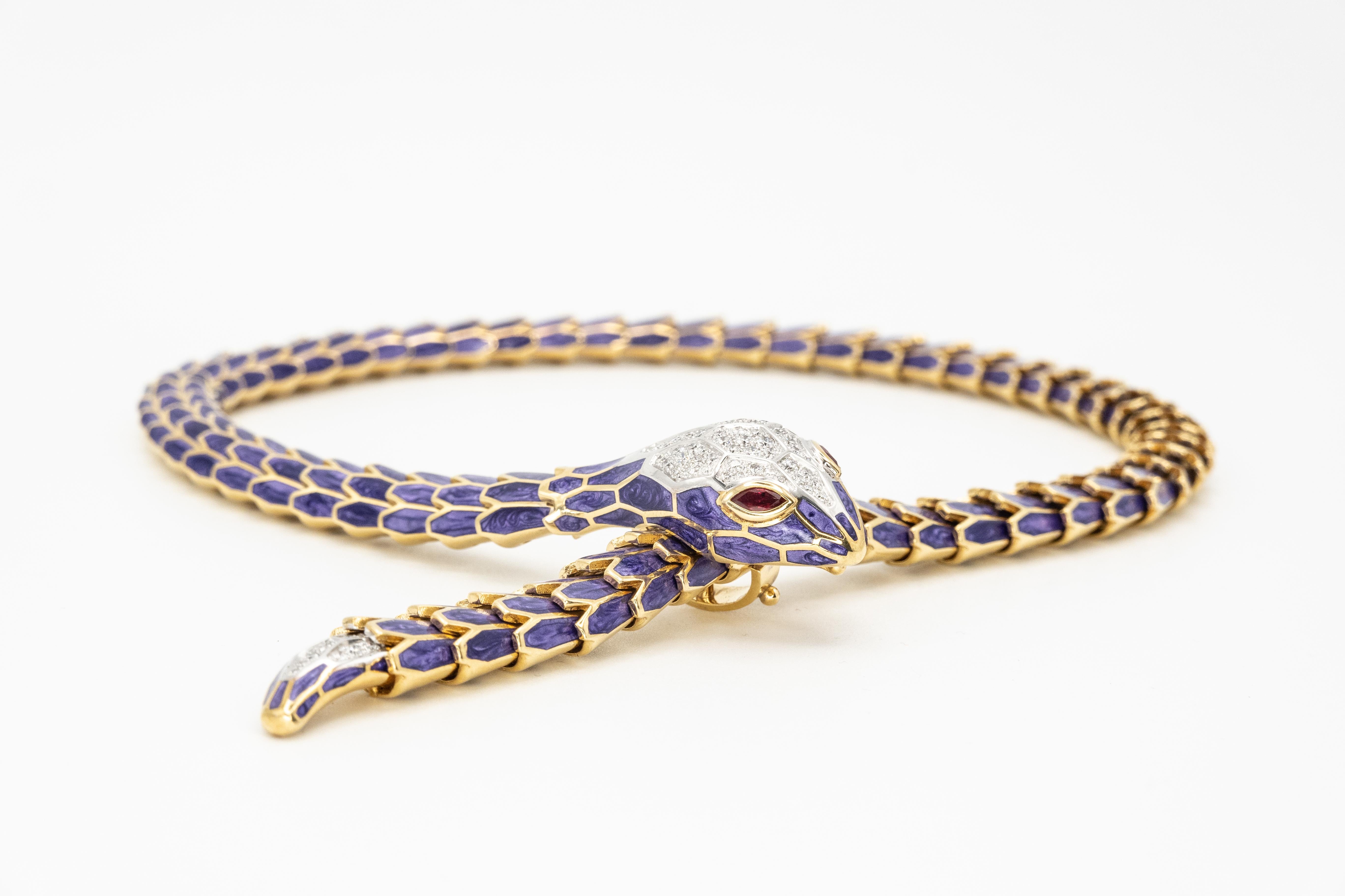 da uomo o donna Alexis NY Diamond Ruby Enamel Serpent Necklace in 18K and Sterling in vendita