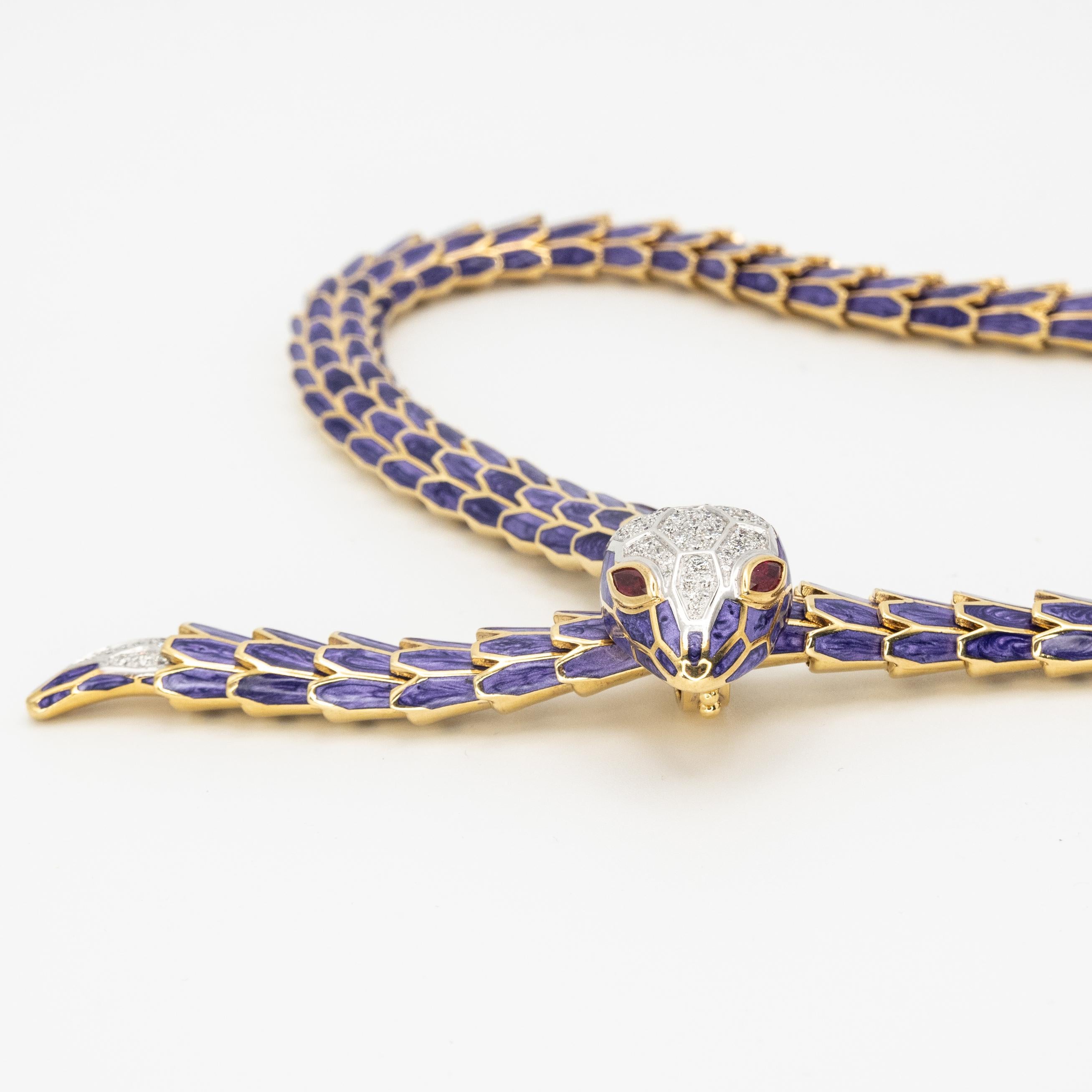 Alexis NY Diamond Ruby Enamel Serpent Necklace in 18K and Sterling in vendita 1