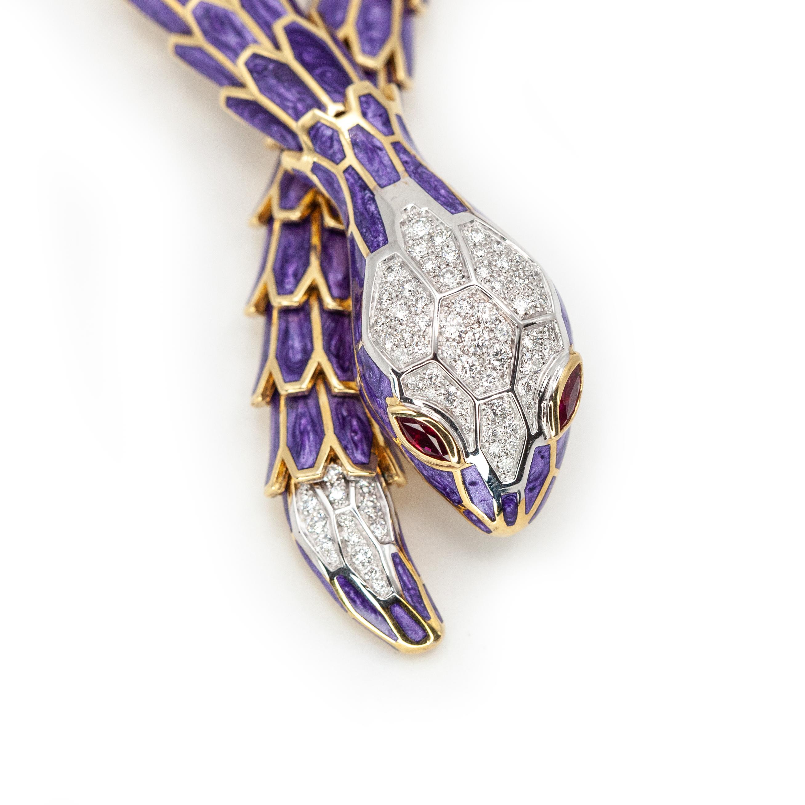 Alexis NY Diamond Ruby Enamel Serpent Necklace in 18K and Sterling in vendita 2