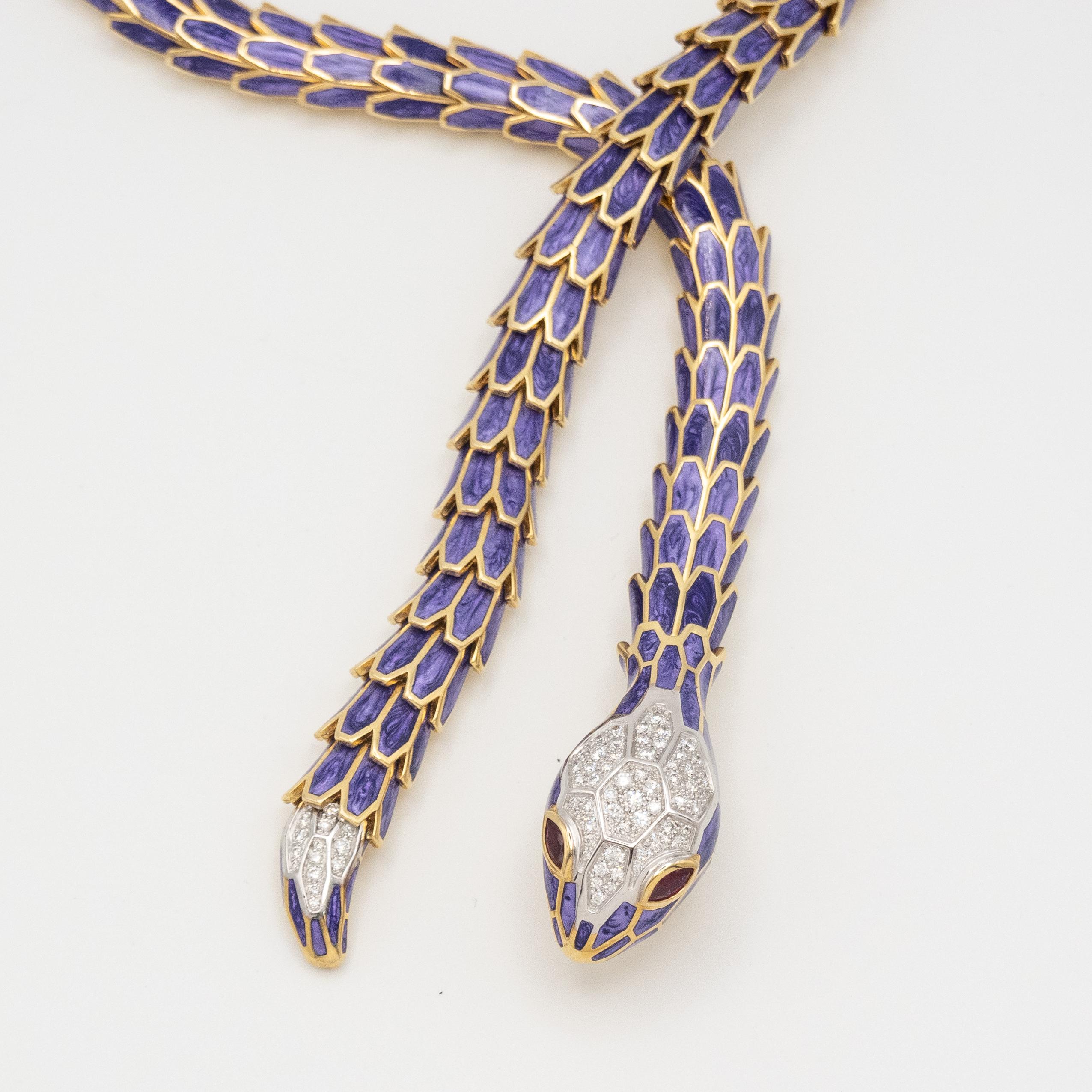 Alexis NY Diamond Ruby Enamel Serpent Necklace in 18K and Sterling in vendita 3