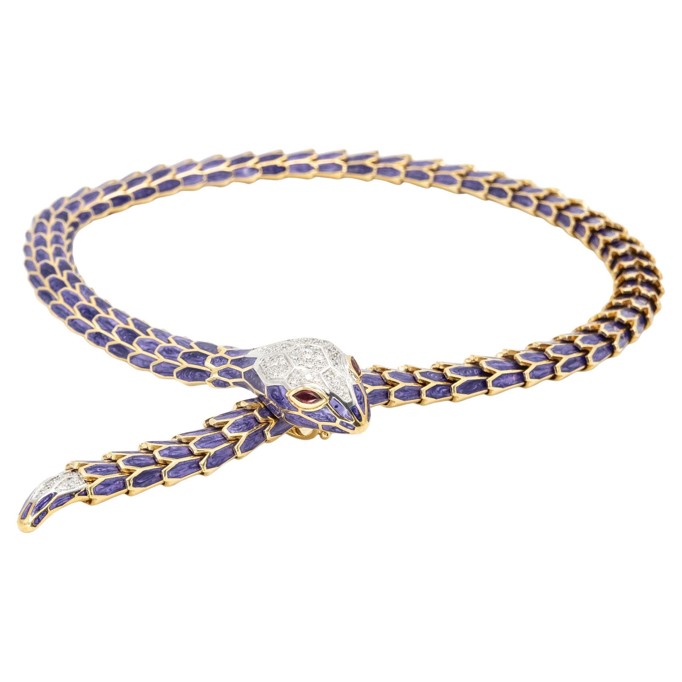 Alexis NY Diamond Ruby Enamel Serpent Necklace in 18K and Sterling in vendita