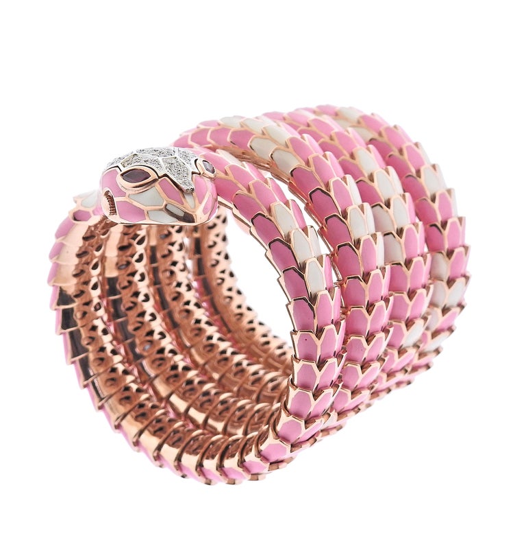 Alexis NY Diamond Ruby Pink Enamel Rose Gold Silver Snake Wrap Bracelet Watch In Excellent Condition For Sale In New York, NY